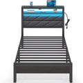 Seventable Bed Frame Twin Size With Charging Station, Led Bed With Upholstered Storage Headboard, Metal Platform Bed With Under Bed Storage, No Box Spring Needed, Noise Free, Easy Assembly, Grey