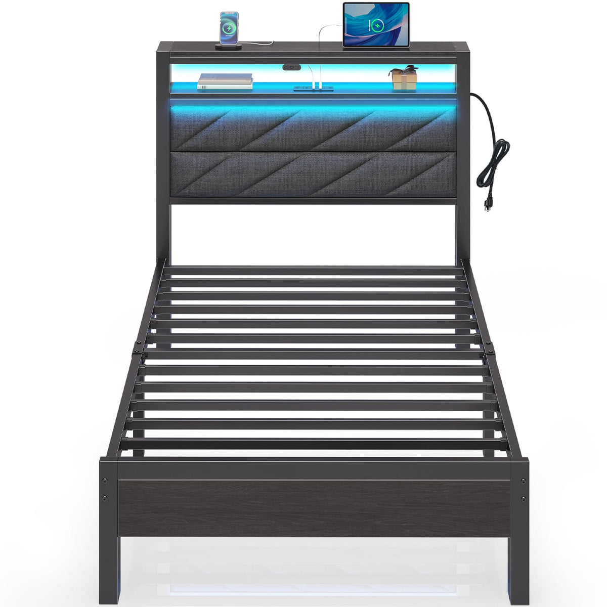Seventable Bed Frame Twin Size With Charging Station, Led Bed With Upholstered Storage Headboard, Metal Platform Bed With Under Bed Storage, No Box Spring Needed, Noise Free, Easy Assembly, Grey