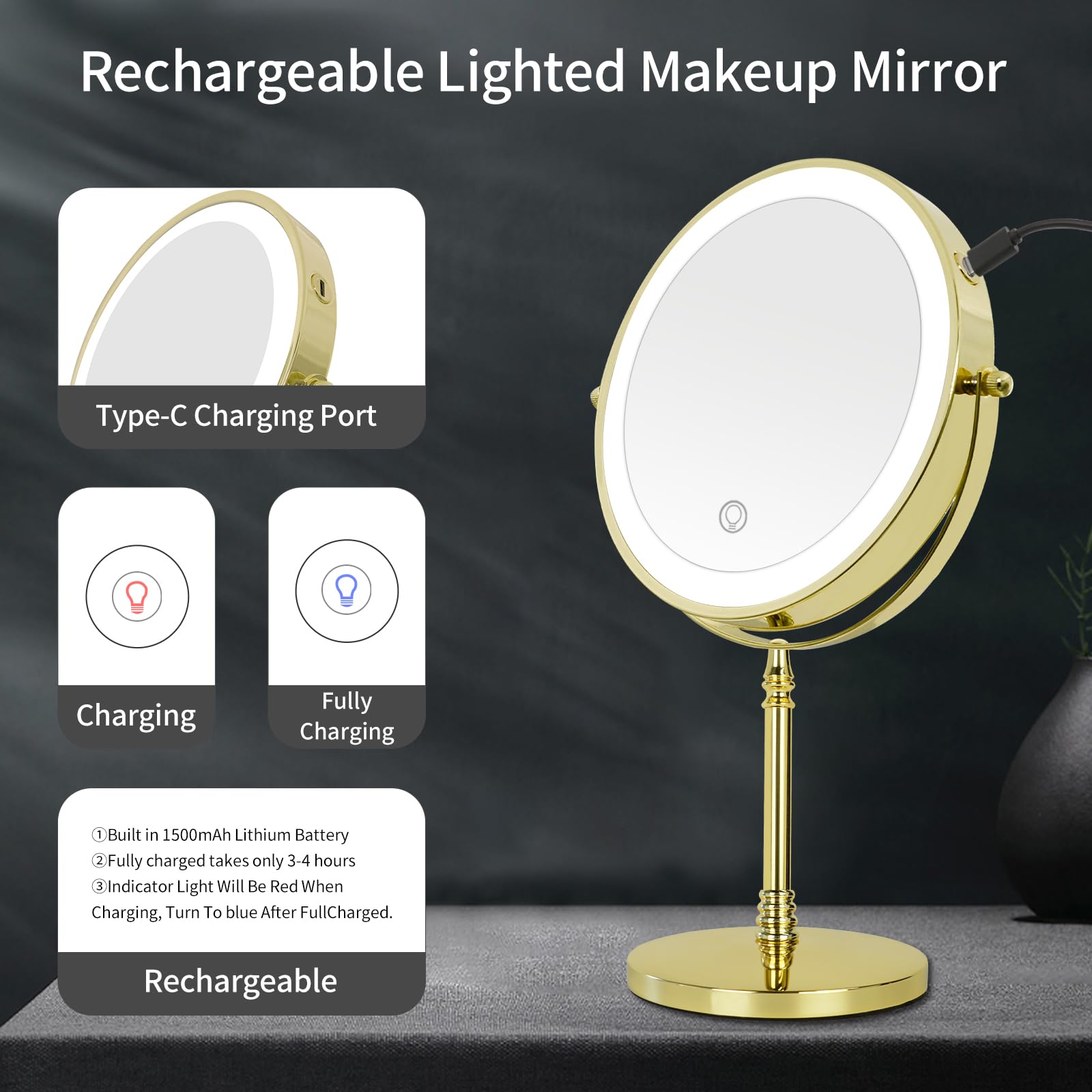 Dowry Rechargeable Lighted Makeup Mirror 10X Magnification Vanity Mirror Tabletop Two-Sided Swivel Gold Finish