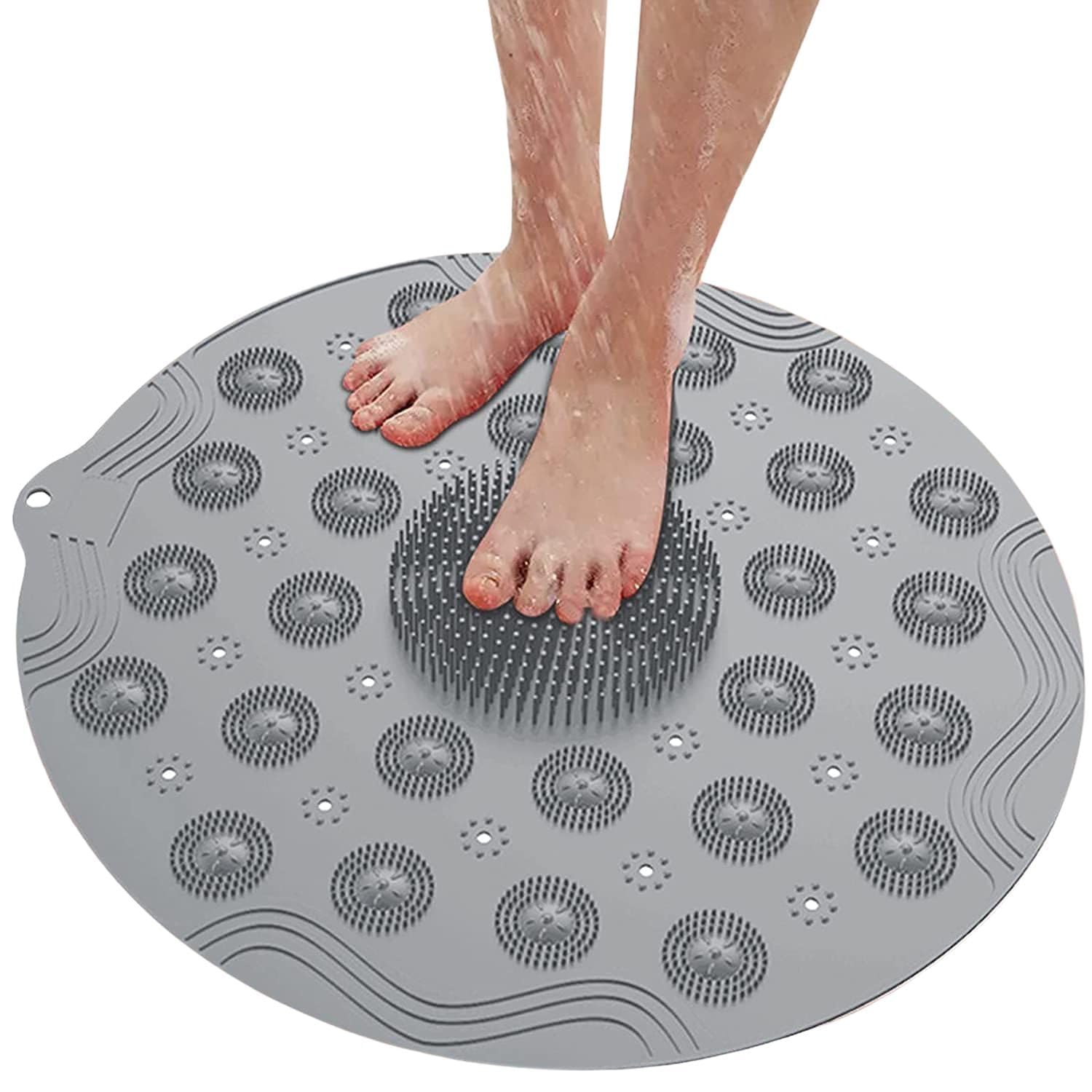 Debilo_Dubai Round Bathroom Mat with Foot Scrubber & Drain Holes, AntiSlip Mat for Shower & Bathtub, Suction Grip Bath Mat for 