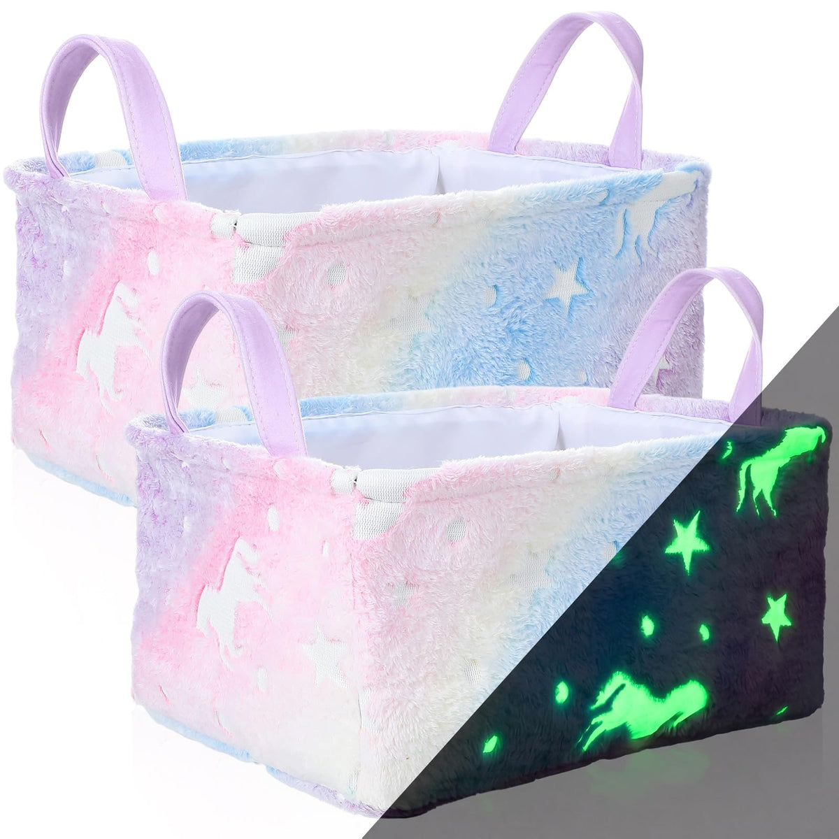 Yiyiring 2 Pcs Unicorn Storage Baskets Glow in the Dark 14x10 Inch Unicorn Gifts Baskets Laundry Foldable Fluffy Storage Bin wit