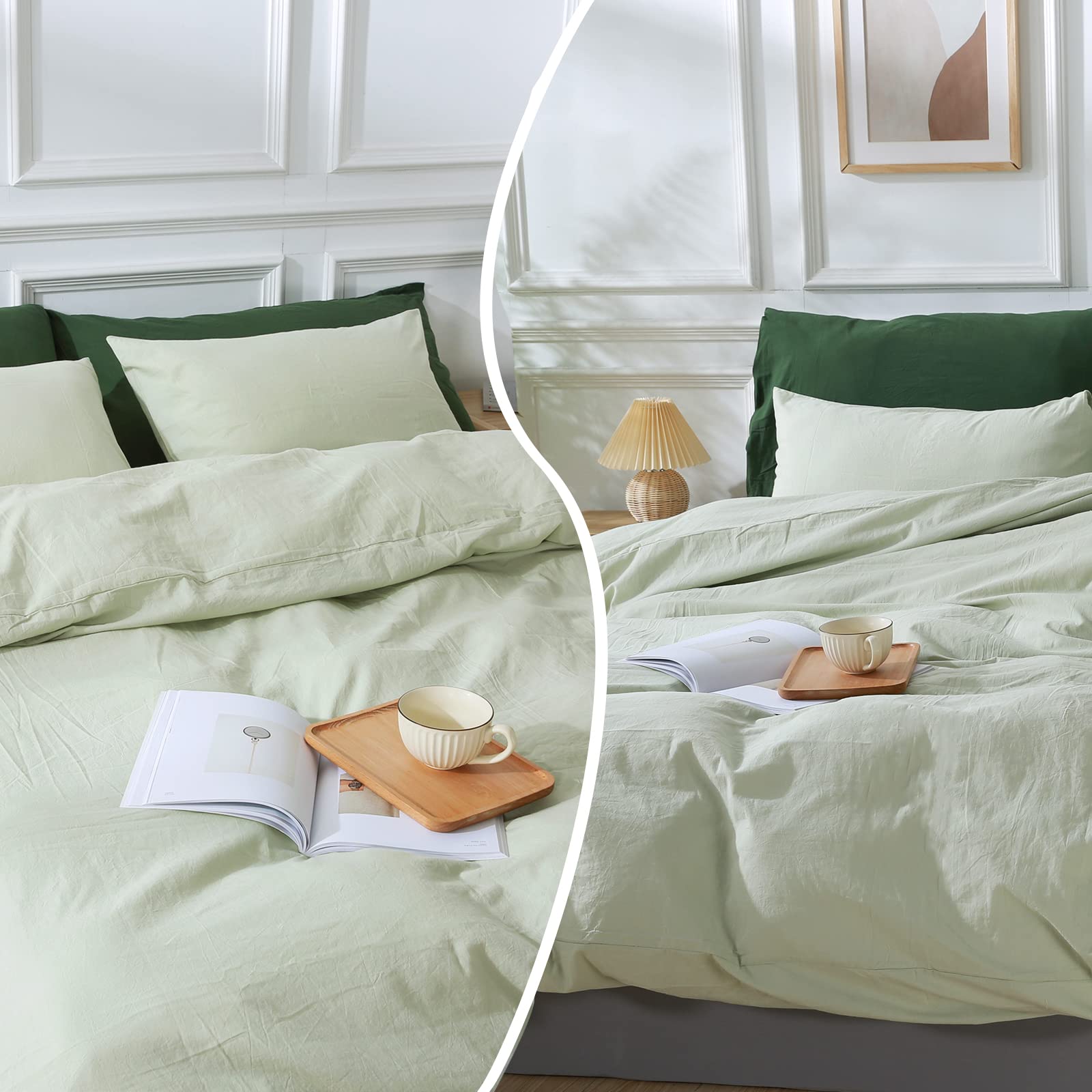 Nexhome Pro Duvet Cover Set California King Linen Feel Textured Organic Natural 100% Washed Cotton Duvet Cover 3 Pieces Bedding Set Zipper Closure, Breathable, Soft, Sage Green (No Comforter)
