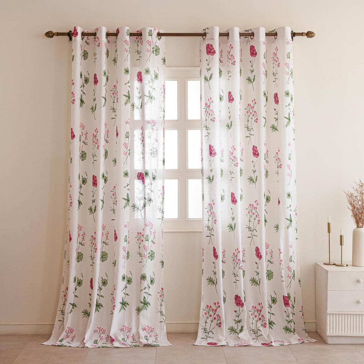 Homemonde Cotton Sheer Curtains For Long Door Sun Light Filtering Linen Textured Curtain Set Of 2, Pink Floral Printed, Hangs Wi