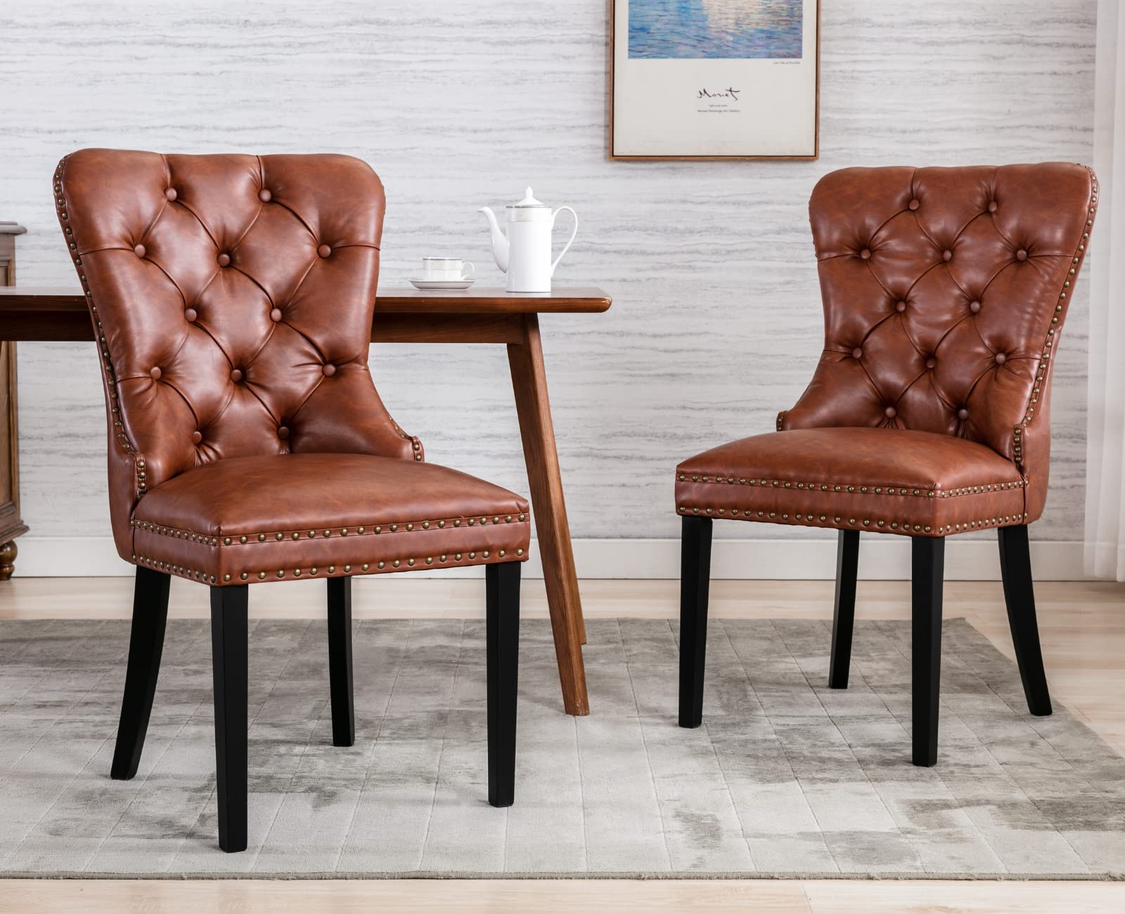 Ealson Modern Dining Chairs Set Of 2 Mid Century Leather Dining Room Chairs With Wood Legs Tufted Upholstered Kitchen Side Chair
