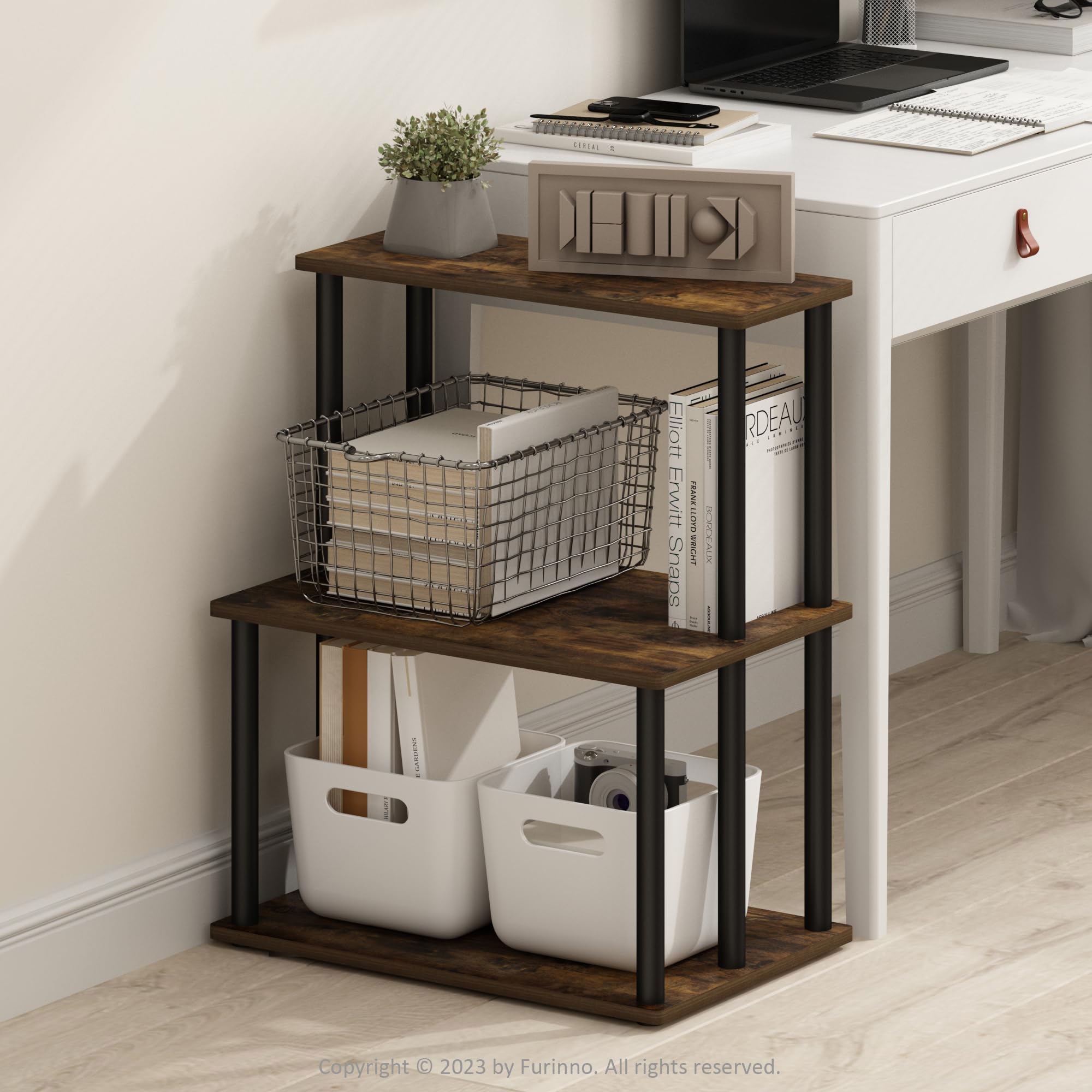 Furinno Turn-N-Tube 3-Tier Toolless Multipurpose Printer Stand Display Storage Shelf, Amber Pine/Black