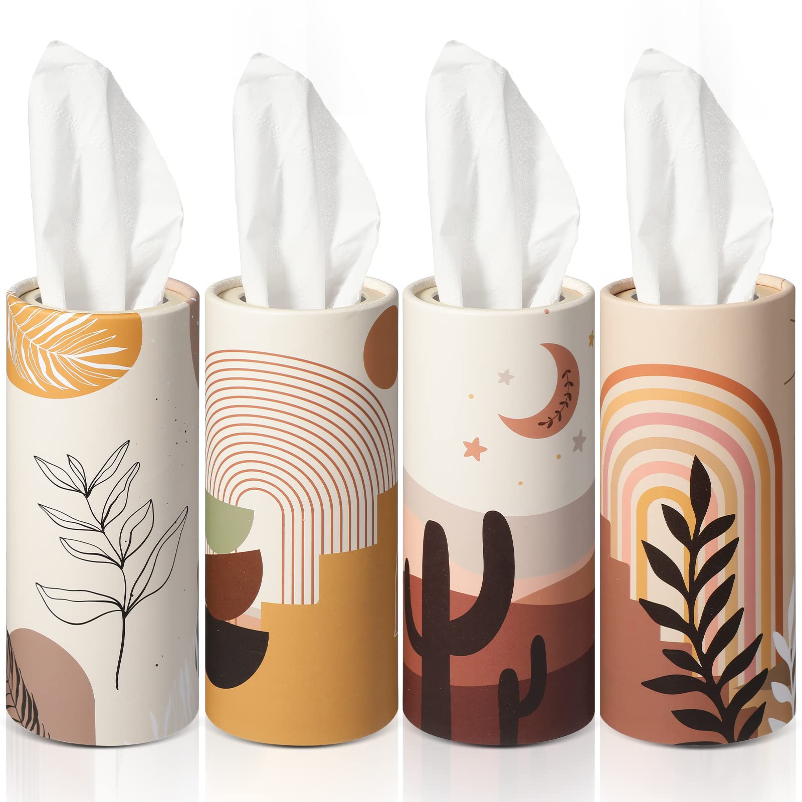 Tatuo 4 Pack Car Tissues Cylinder Holder with 3 Ply Facial Bulk Boho Round Tissue Holder Travel Tissues Boxes Container for Car 