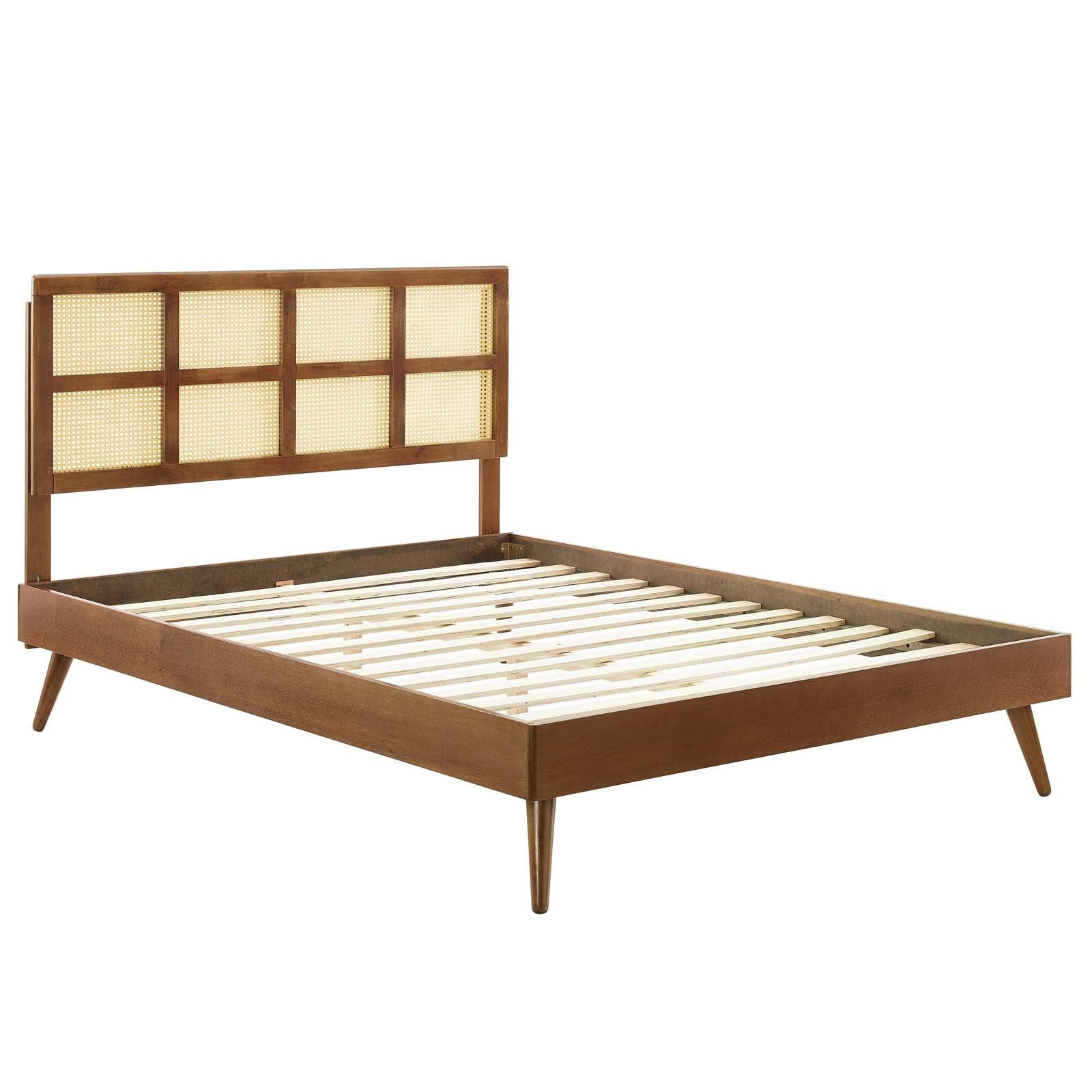 Modway Sidney Cane Rattan And Wood Full Platform Bed In Walnut With Splayed Legs