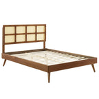 Modway Sidney Cane Rattan And Wood Full Platform Bed In Walnut With Splayed Legs