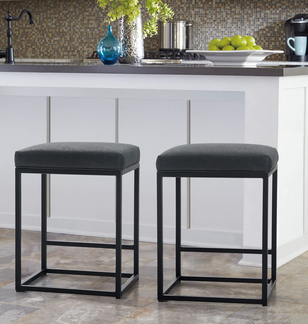 Maison Arts Black Counter Height 24' Bar Stools Set Of 2 For Kitchen Counter Backless Modern Square Barstools Upholstered Faux Leather Stools Farmhouse Island Chairs, (24 Inch,Black)