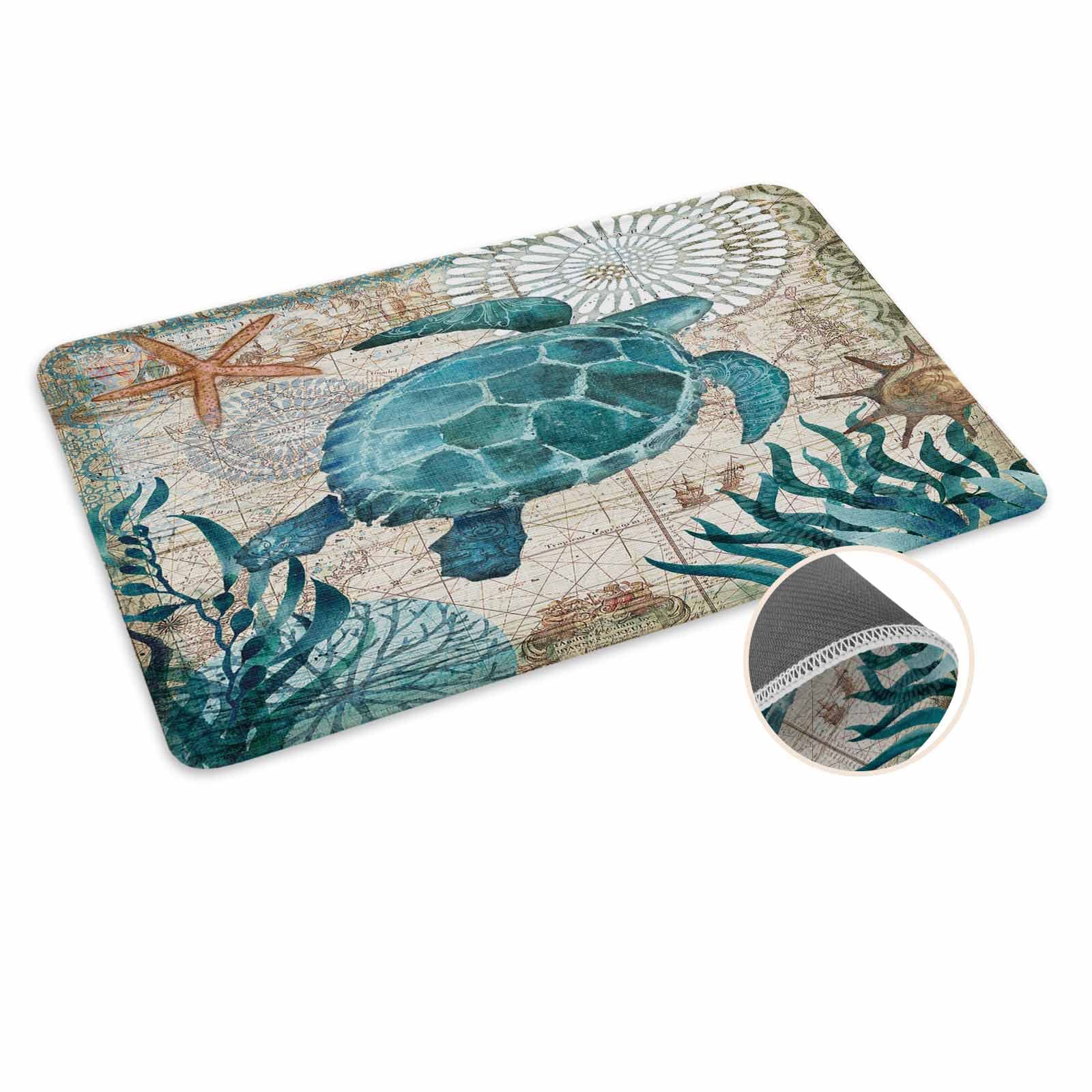 Coastal Blue Sea Turtle Nautical Map Doormat Welcome Mats Rugs Carpet Outdoor/Indoor For Home/Office/Bedroom,Small 16X24