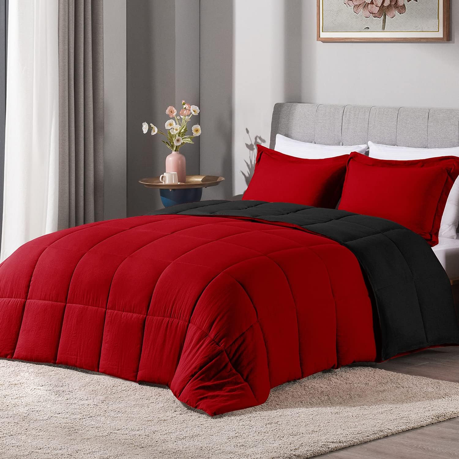Lovtex 3Pcs Black And Red Comforter Set Queen - Ultra Soft Washed Microfiber Comforter Queen Set - Reversible Down Alternative R
