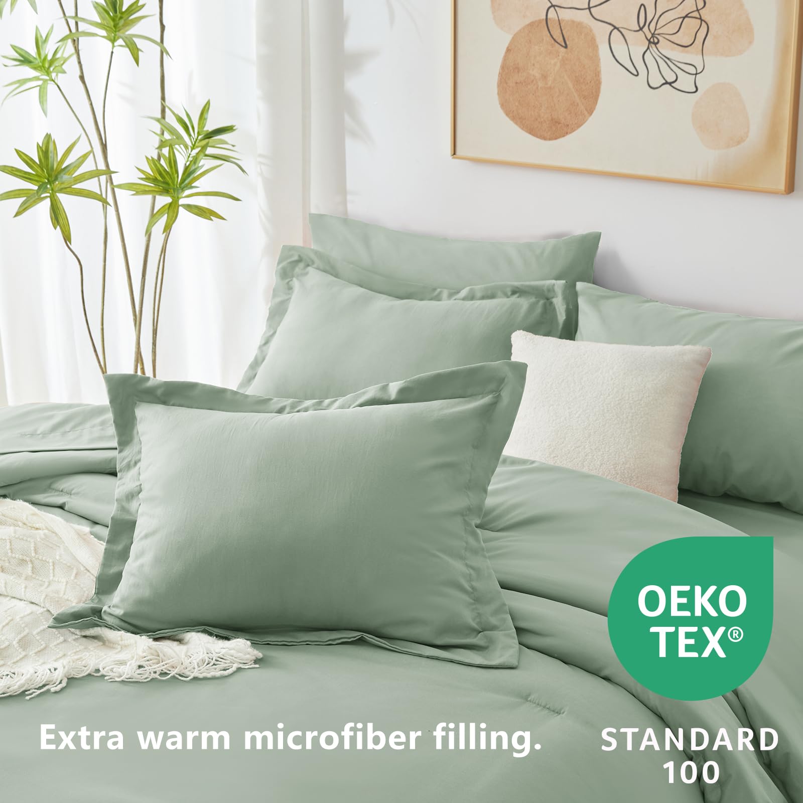 Cozylux Full Comforter Set Sage Green, 7 Pieces Bed In A Bag, Bedding Comforter Set With Sheets, All Season Boho 7Pc Bed Sets With Comforter, Fitted Sheets, Flat Sheets, Pillow Shams And Pillowcases