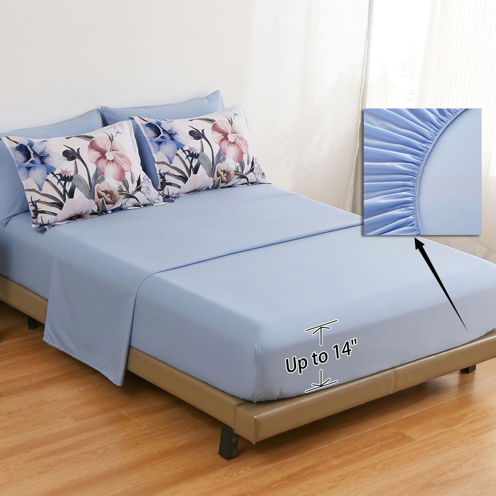 Luxudecor Floral Comforter Set King Size 7 Piece, Blue Flower Bed In A Bag, Elegant Floral Comforter With Sheet Set, Soft Microf