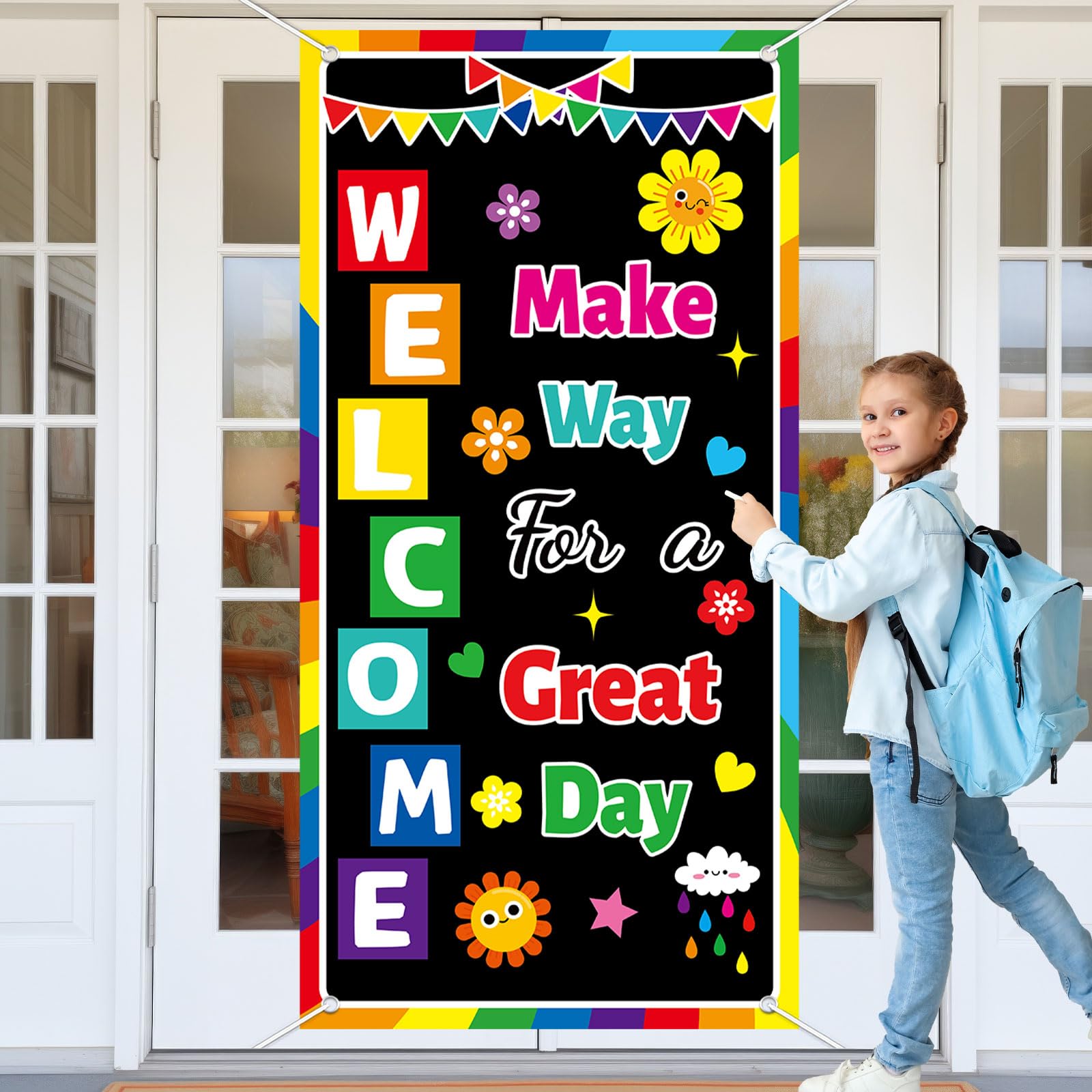 Wiooffen Classroom Colorful Welcome Door Cover Banner Wall Door Decor Back to School Classroom Decorations for Kindergarten Pres