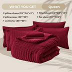 Hymokege Burgundy Queen Comforter Set Seersucker 7 Pieces, All Season Luxury Bed In A Bag For Bedroom, Bedding Set With Comforte