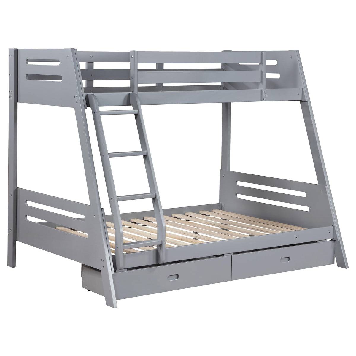 Coaster Home Furnishings Trisha Mid-Century Modern Wood Twin Over Full Size Bunk Bed Frame with Ladder and Guardrails with Two Storage Drawers Fully Slatted Mattress Ready Foundation Grey 460562TF