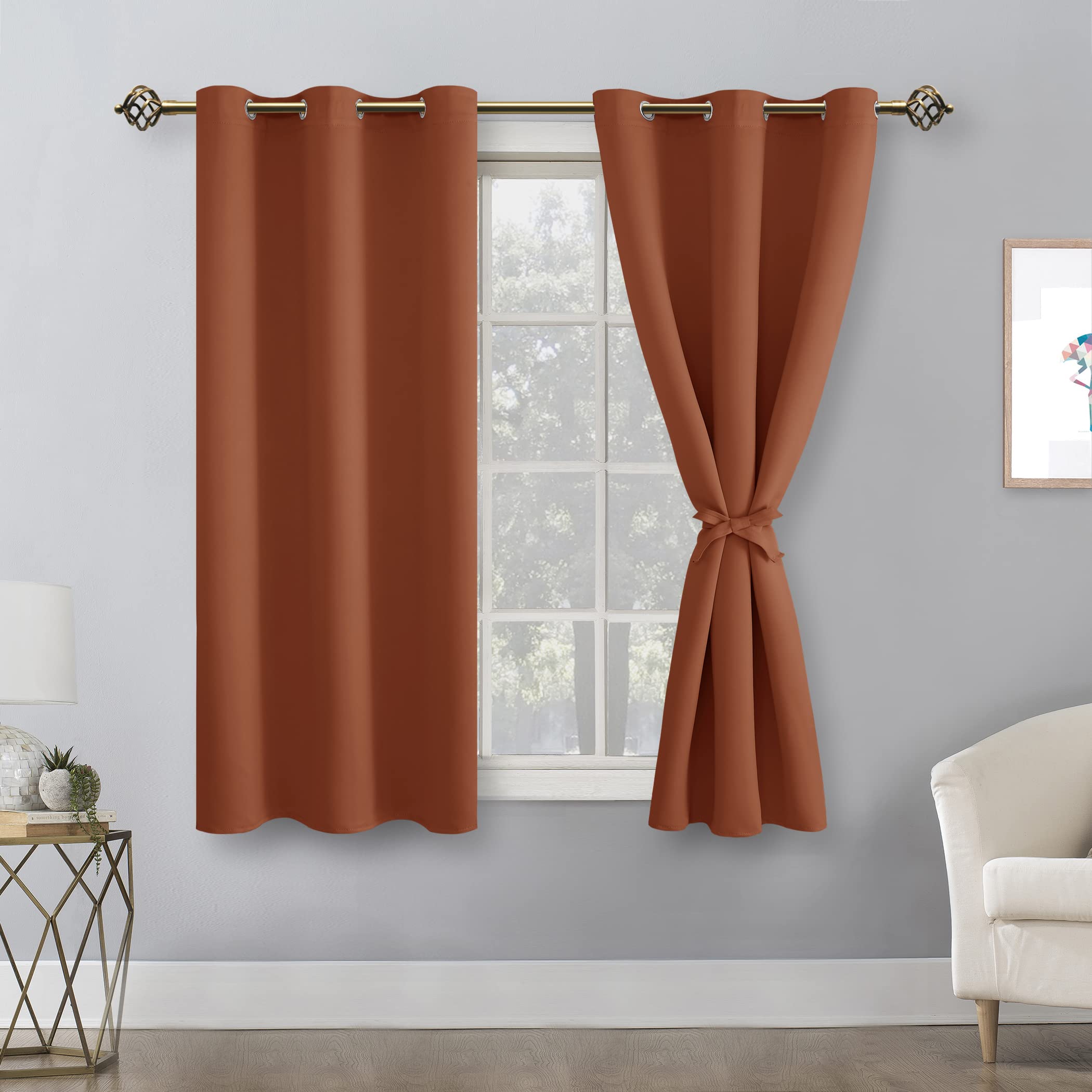 Hiasan Fall Blackout Curtains For Bedroom - Thermal Insulated & Energy Saving Window Curtains For Living Room Home Decor, 2 Drape Panels Sewn With Tiebacks, Burnt Ochre, 42 X 54 Inch