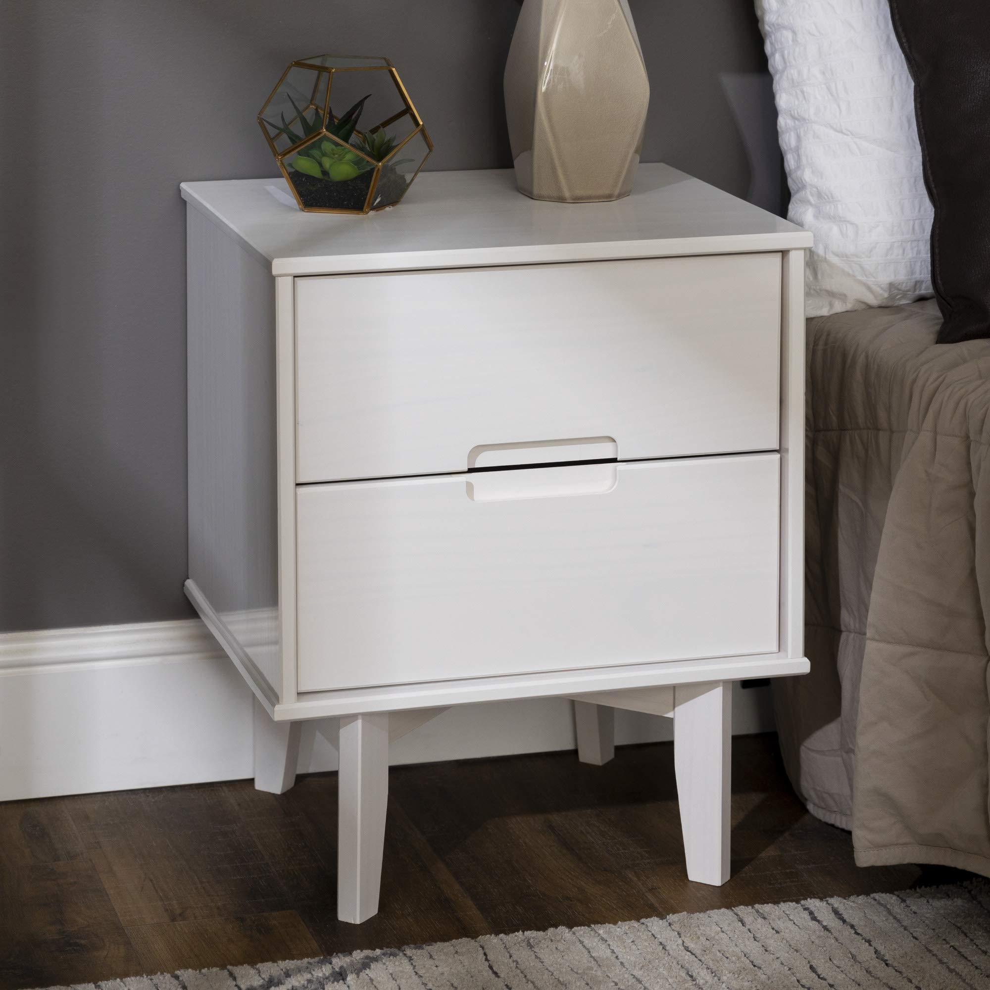 Walker Edison Furniture AZR2DSLNSWH Solid Wood 2Drawer Groove Handle End Side Table Nightstand with Storage, 24 H, White