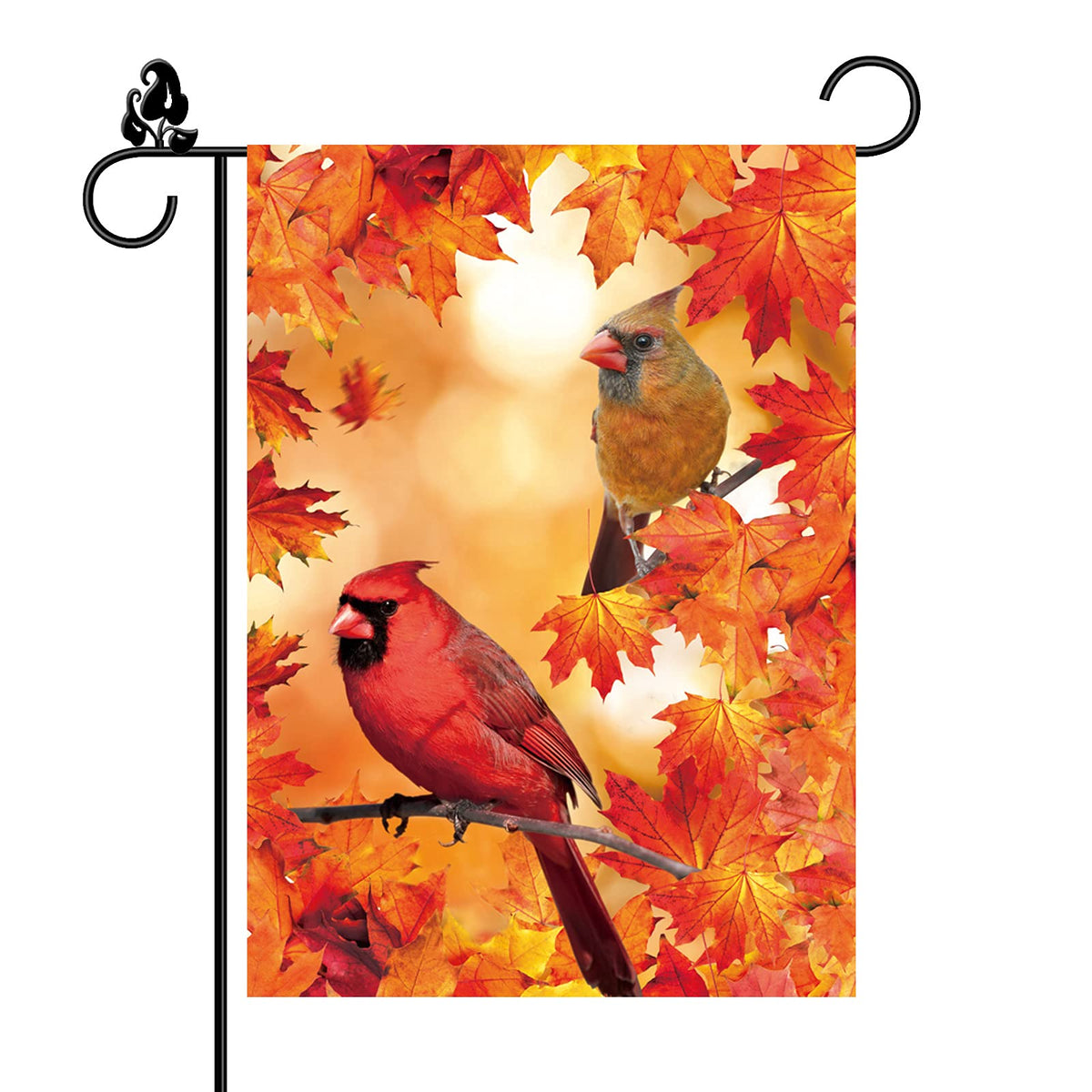 Male Female Northern Cardinals Fall Garden Flag Leaves Bird Burlap Vertical Double Sided 12.5 X 18 Inch Outdoor Decorations Autu
