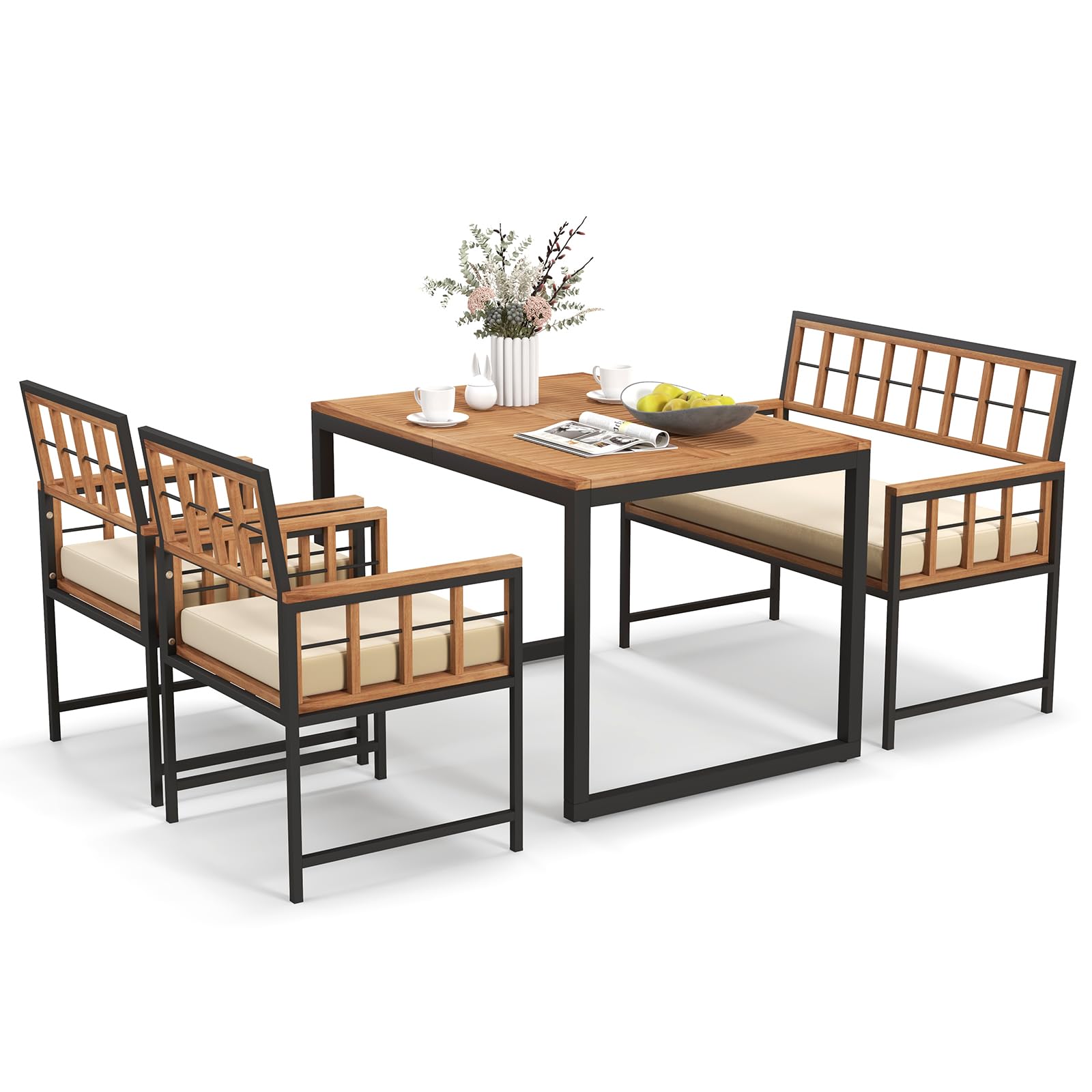 Tangkula 4 Piece Patio Dining Set, Outdoor Wood Dining Furniture W/ 2 Chairs & 1 Loveseat, 47” Acacia Wood Table W/Umbrella Hole, Cozy Seat Cushions, Outside Furniture Set For Backyard, Poolside