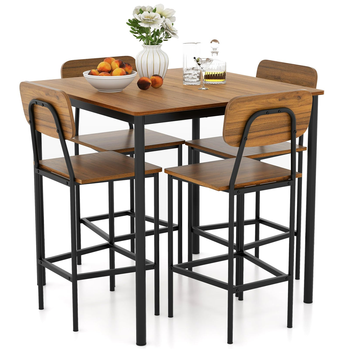 Giantex 5-Piece Dining Table Set W/Counter Height Table & 4 Bar Stools, Industrial Kitchen Dining Table Set W/Footrest & Backrest, Space-Saving Dinette Set For Pub, Dining Room, Restaurant (Walnut)