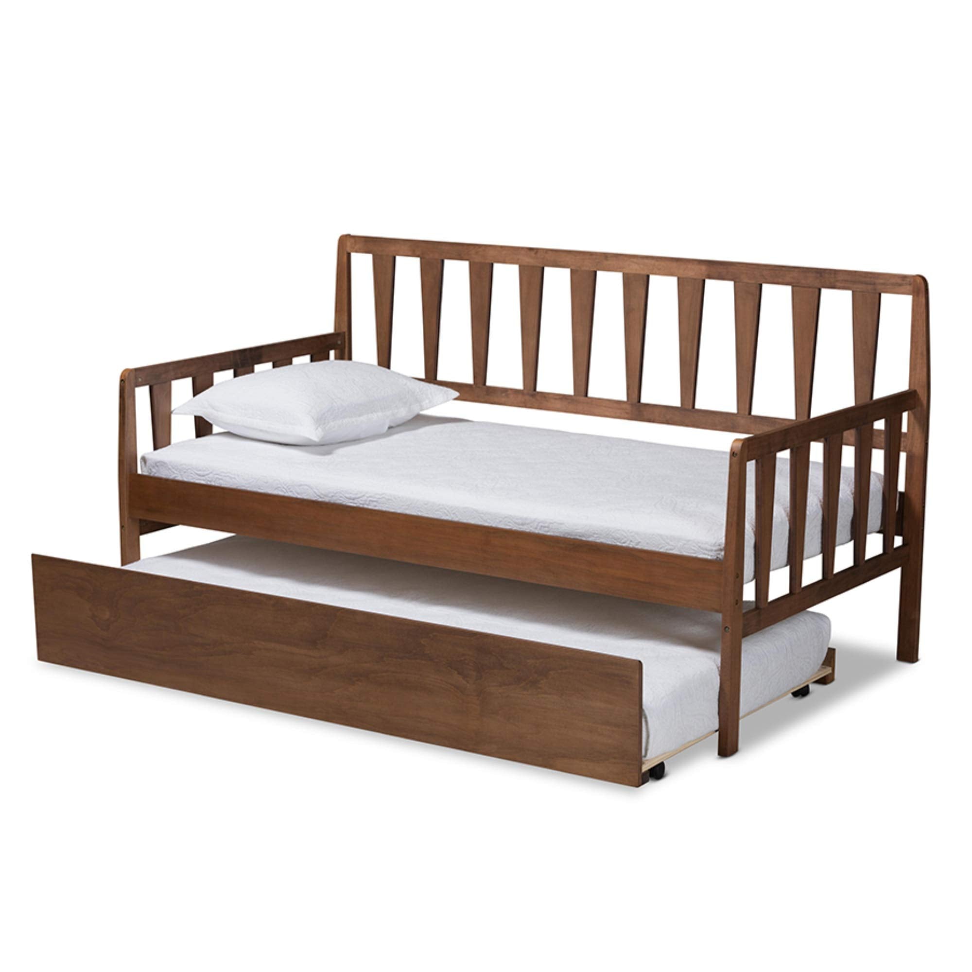 Baxton Studio Midori Modern and Contemporary Transitional Walnut Brown Finished Wood Twin Size Daybed with Roll-Out Trundle Bed