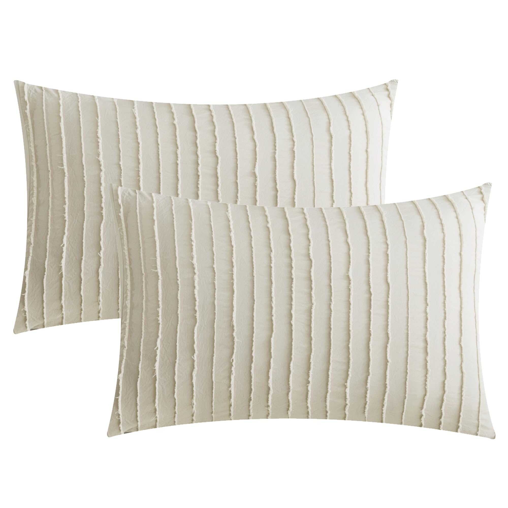 Jellymoni 2 Pack Cream Grey Pillowcases King Size, Soft Microfiber Striped Tufted Pillow Covers With Envelope Closure (Pillows A
