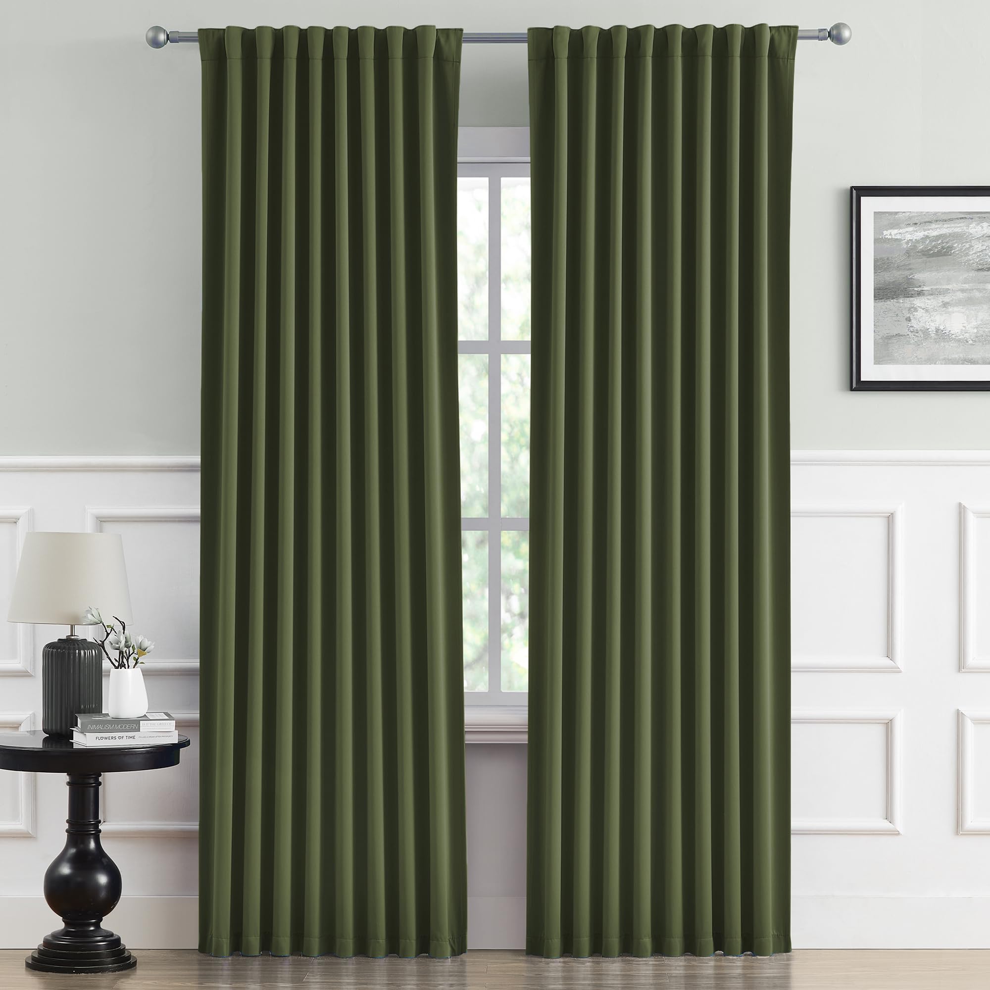 DUALIFE Olive Dark Green Curtains 90 Length 2 Panels, Blackout Curtains Thermal Insulated Window Treatment Room Darkening Drapes