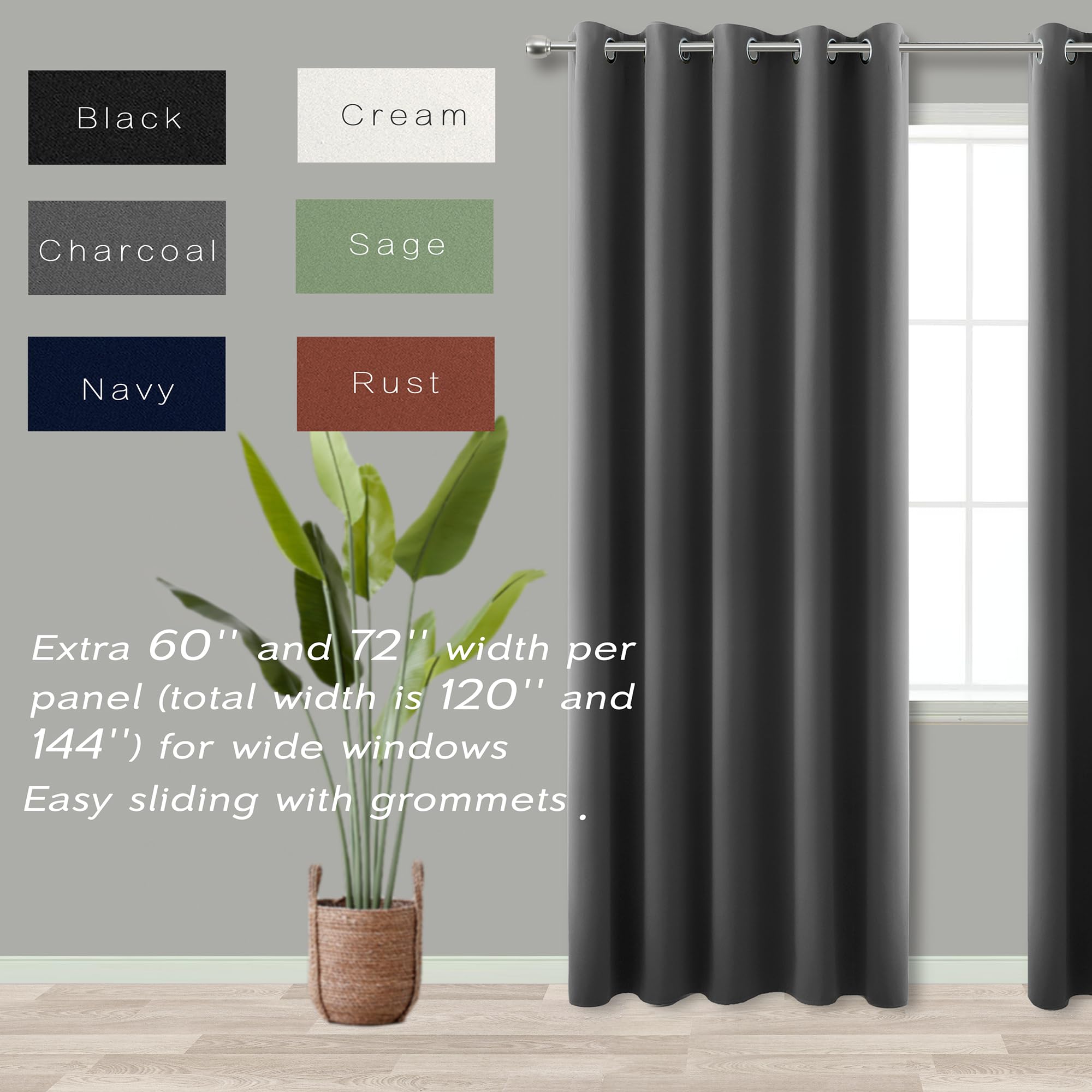 Koufall Blackout Curtains For Living Room 63 Inch Length,Extra Wide 72 Inches Dark Gray Drapes 63 Inches Long 2 Panels Set,
