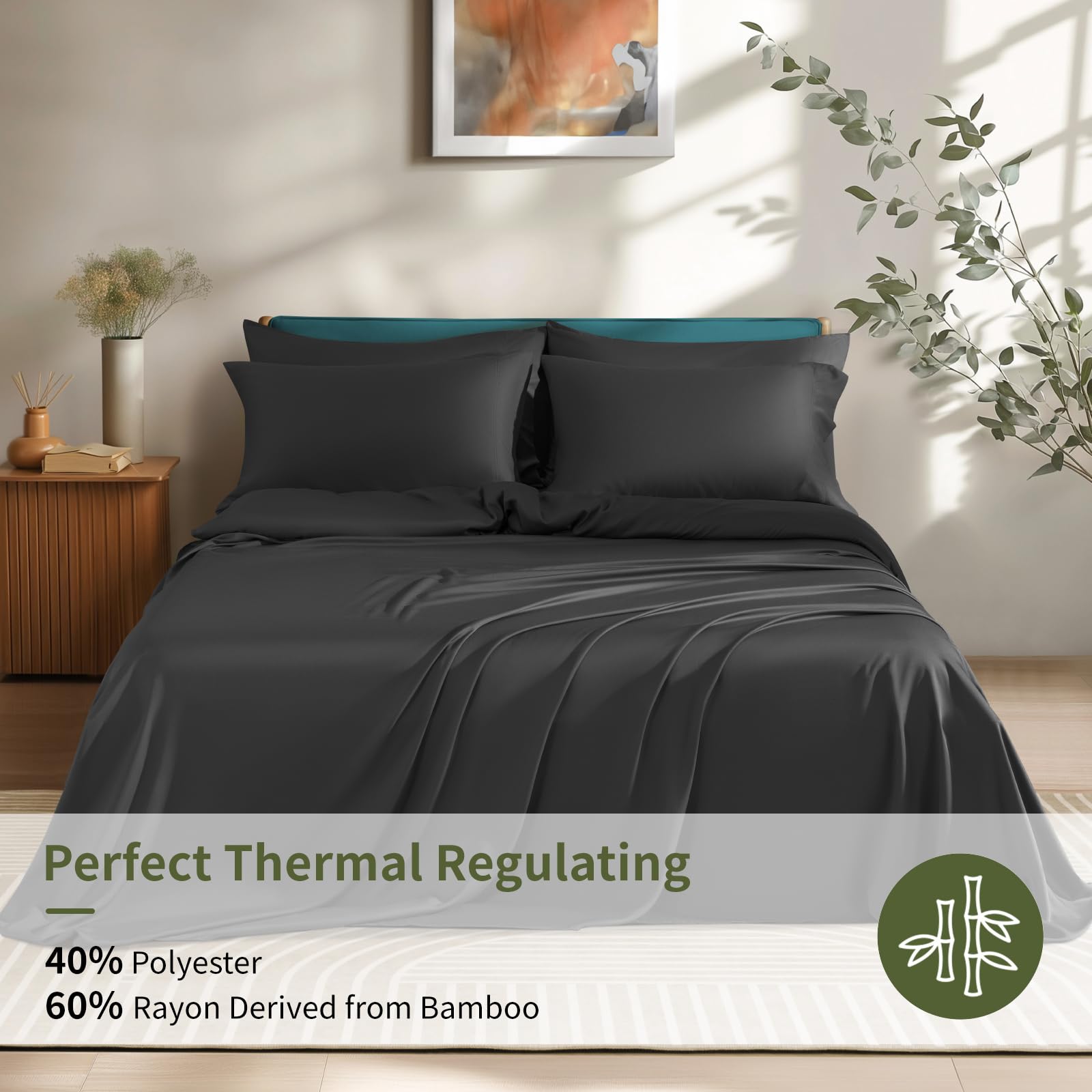 Shilucheng 6 Piece Queen Sheet Sets, Cooling Sheets, Blend Rayon Derived From Bamboo, Deep Pocket Up To 16', Breathable & Soft Bed Sheets, Hotel Silky Bedding Set, Black