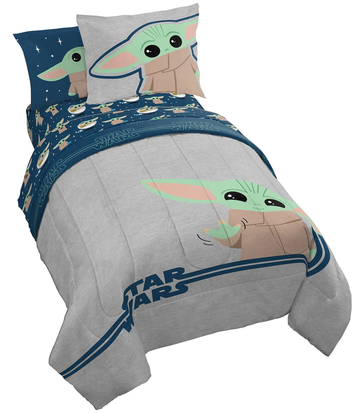 Star Wars The Mandalorian Hello Grogu 5 Piece Twin Size Bed Set - Includes Comforter & Sheet Set - Super Soft Kids Bedding Fade
