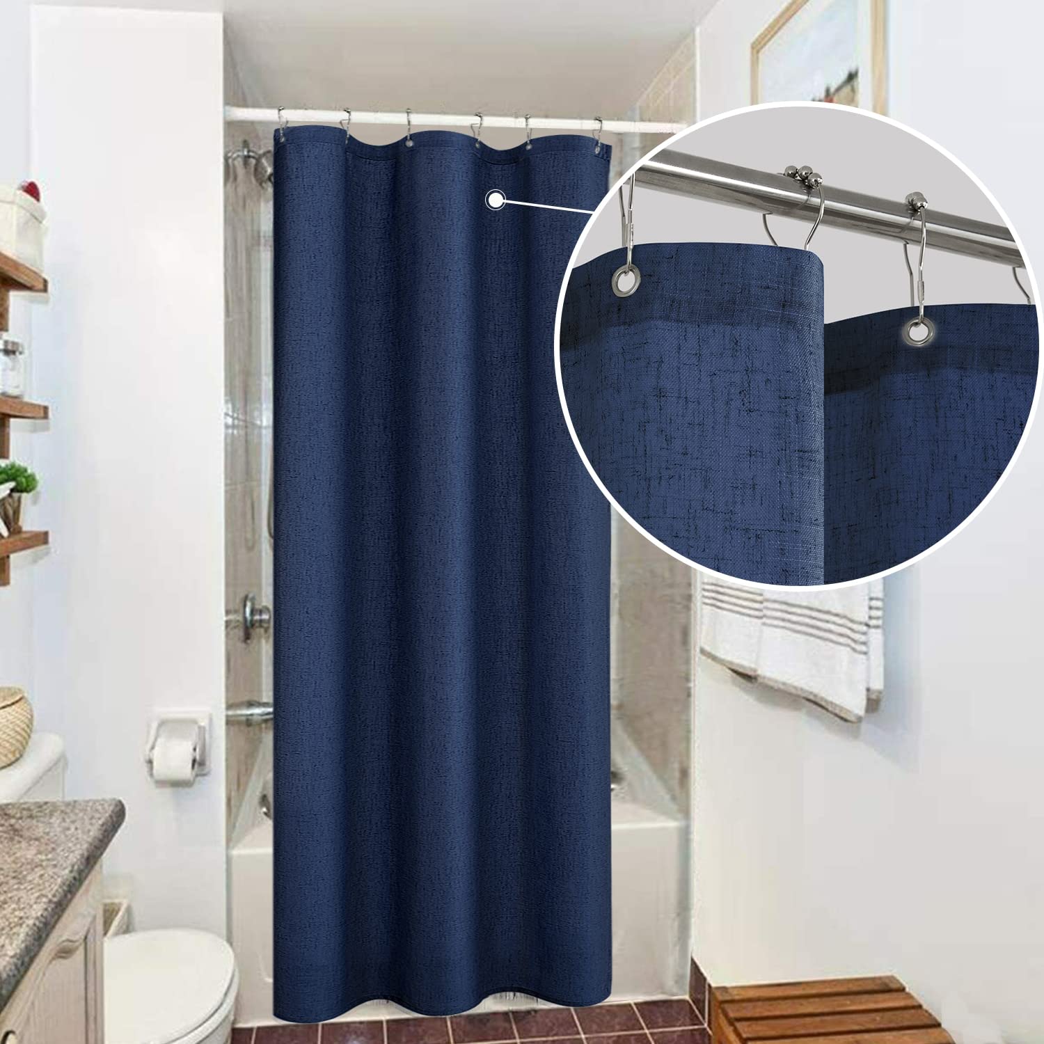 Koufall Navy Blue Fabric Shower Curtain,Small Stall Size 36 X 72 Inch Linen Cotton Textured Waterproof Bathroom Curtains Shower Set