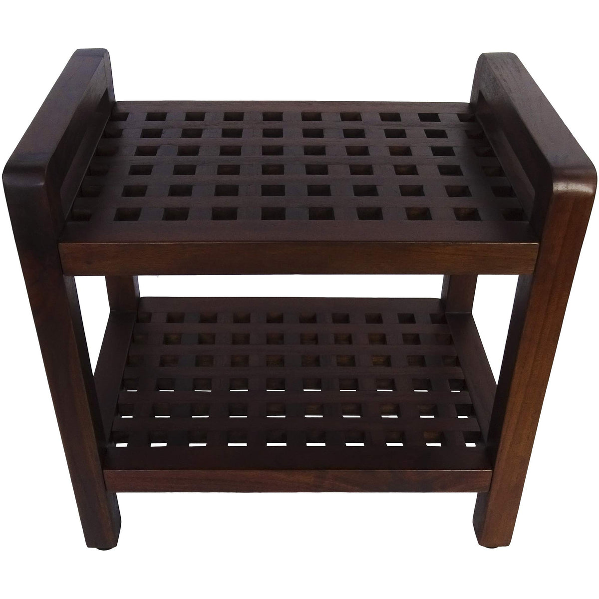 HomeRoots Teak Lattice Pattern Shower Stool with Shelf and Handles in Brown Finish