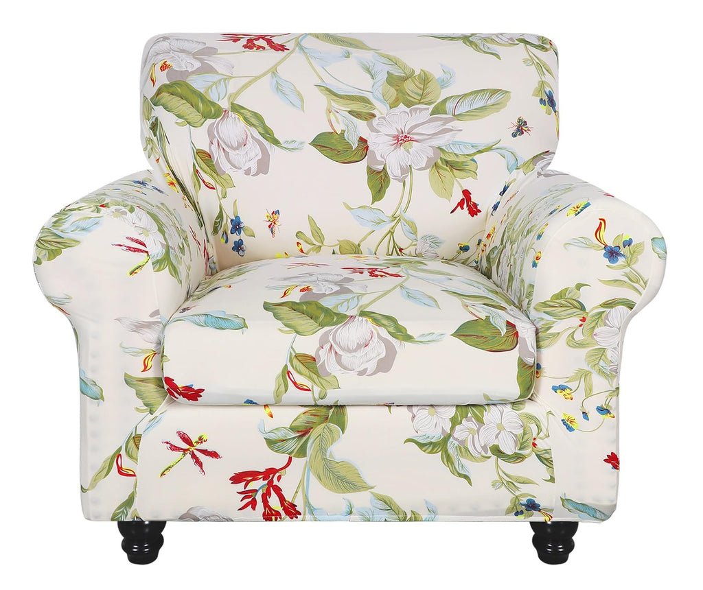 Searchi Stretch Sofa Cover Printed Couch Covers, Floral Pattern 2 Piece Armchair Slipcover With Separate Chair Cushion Cover, Washable Furniture Protector For Living Room(Chair, Spring Pattern)