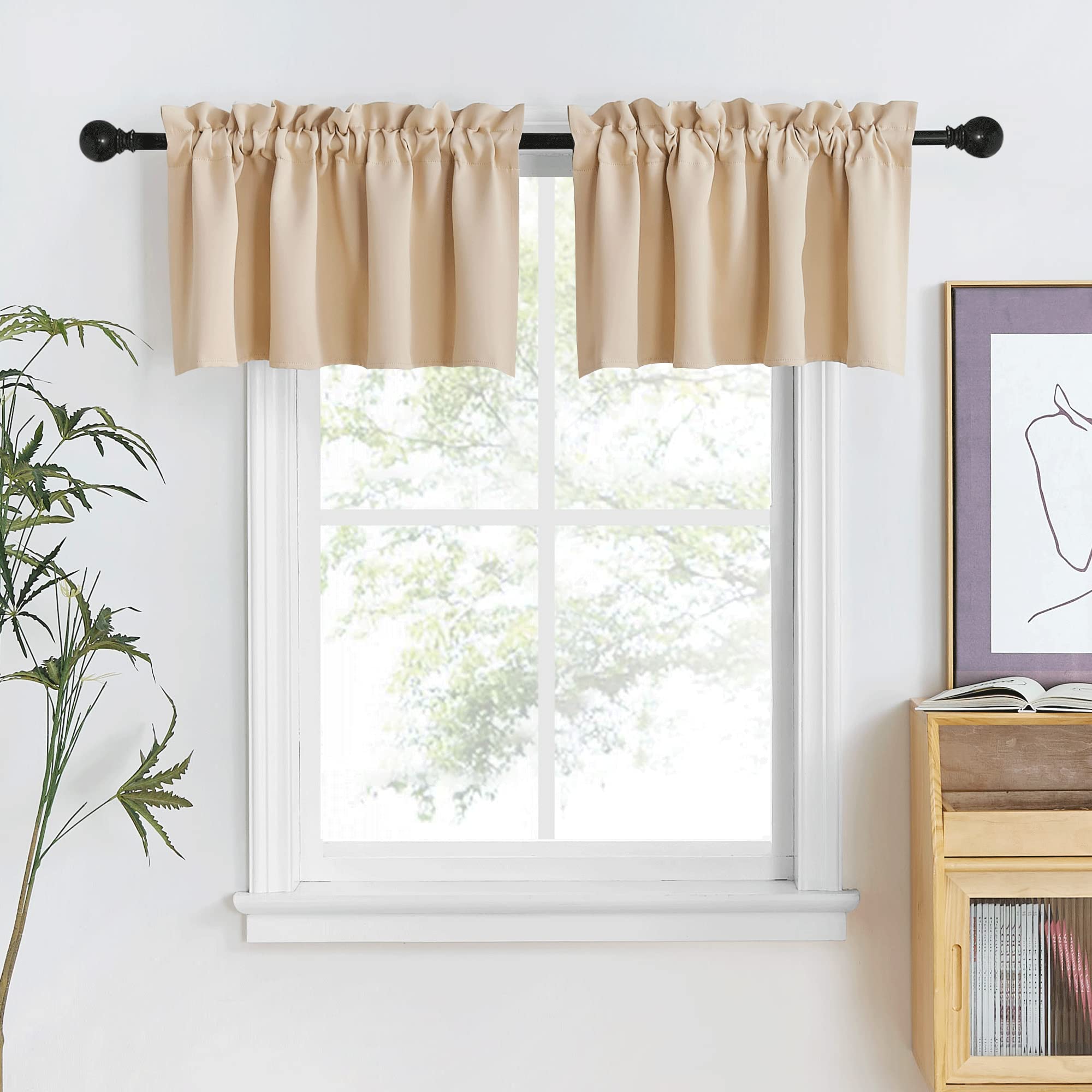 Nicetown Farmhouse Valances For Kitchen/Bathroom/Living Room Blackout Privacy Adjustblae Rod Pocket Short Winow Curtains For Cafe/Loft/Office, 1 Pair, 42' X 18' 1.6' Header, Biscotti Beige