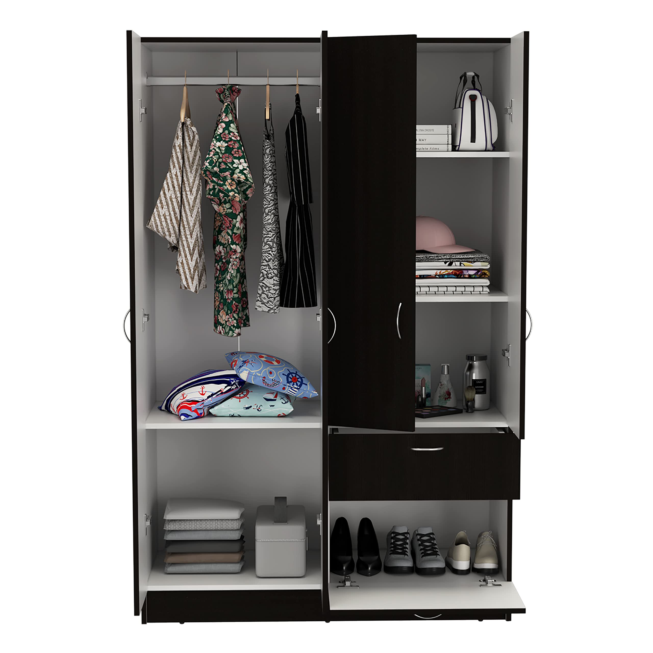Itaca Armoire, Double Door Cabinet, 1 Drawer, 5 Interior Shelves, Rod, Black/White