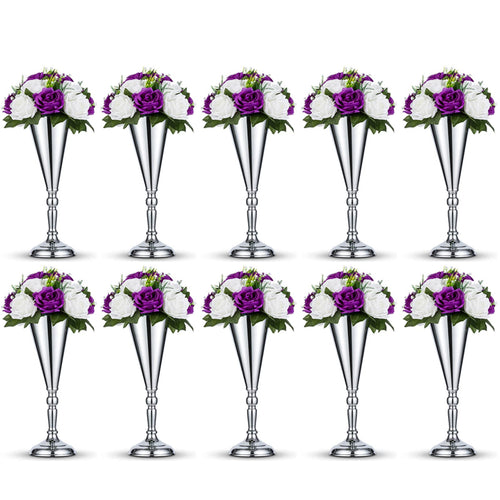 10 Pcs Tabletop Silver Metal Wedding Flower Trumpet Vase, 14 inch Table Decorative Centerpiece Artificial Flower Arrangements fo