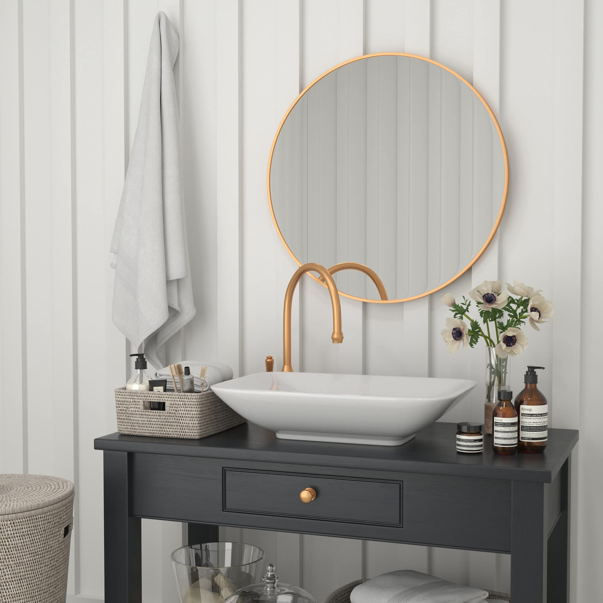 Flash Furniture Large Round Wall Mirror - Gold Circle Accent Mirror - 30&quot; Vanity Mirror - For Bathroom, Vanity, Entryway, Dining Room, & Living Room