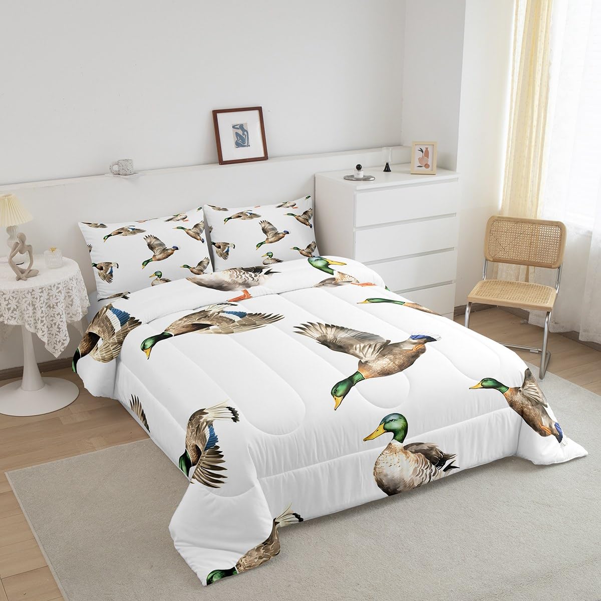 Feelyou Mallard Duck Bedding Set Hunting And Fishing Comforter Set Wild Animal Comforter For Boys Girls Kids Wildlife White Duve
