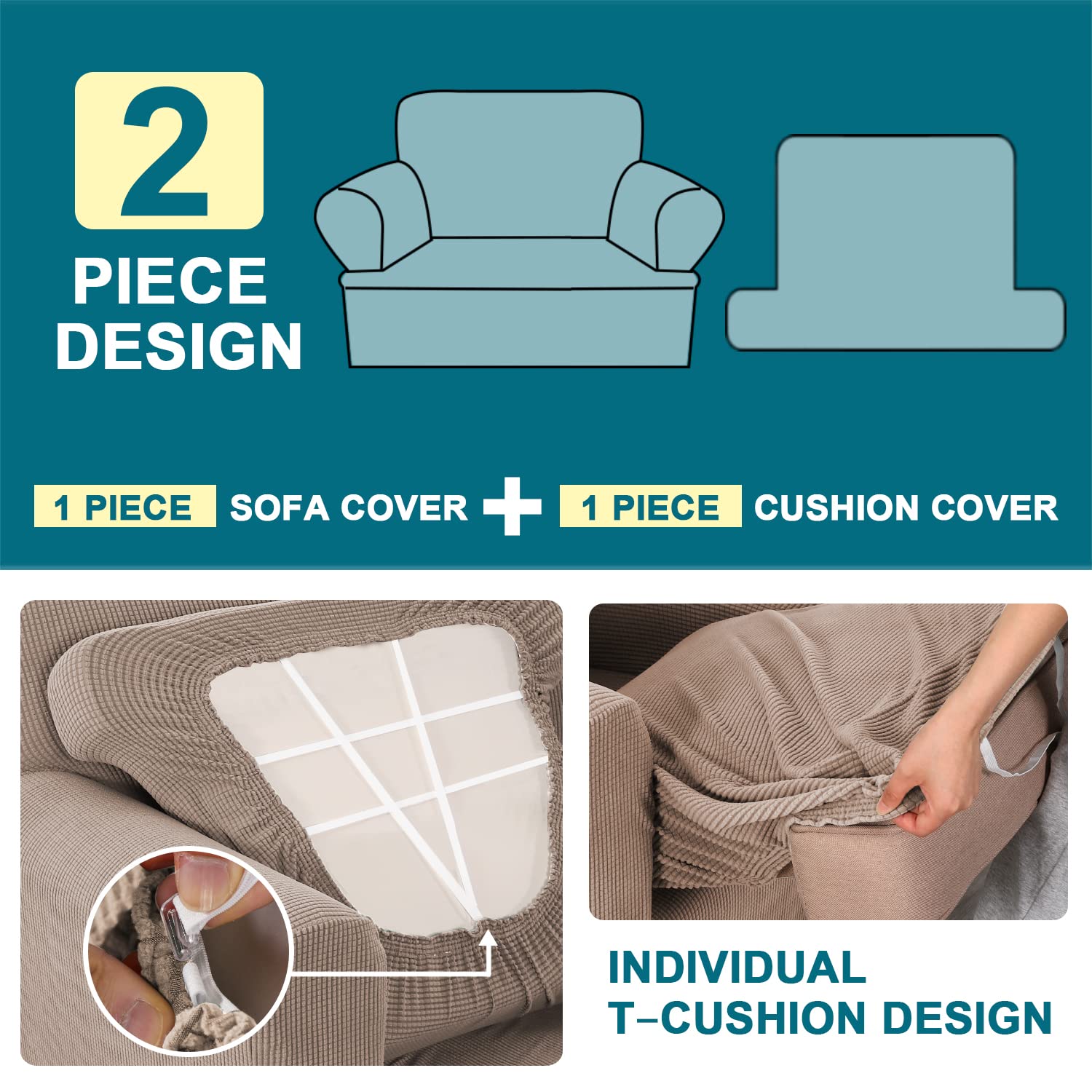 Turquoize T Cushion Chair Slipcover T Cushion Chair Covers For Living Room Stretch Sofa Couch Cover Soft Armchair Cover Washable Furniture Covers With Individual T Cushion Seat Covers (Chair, Sand)