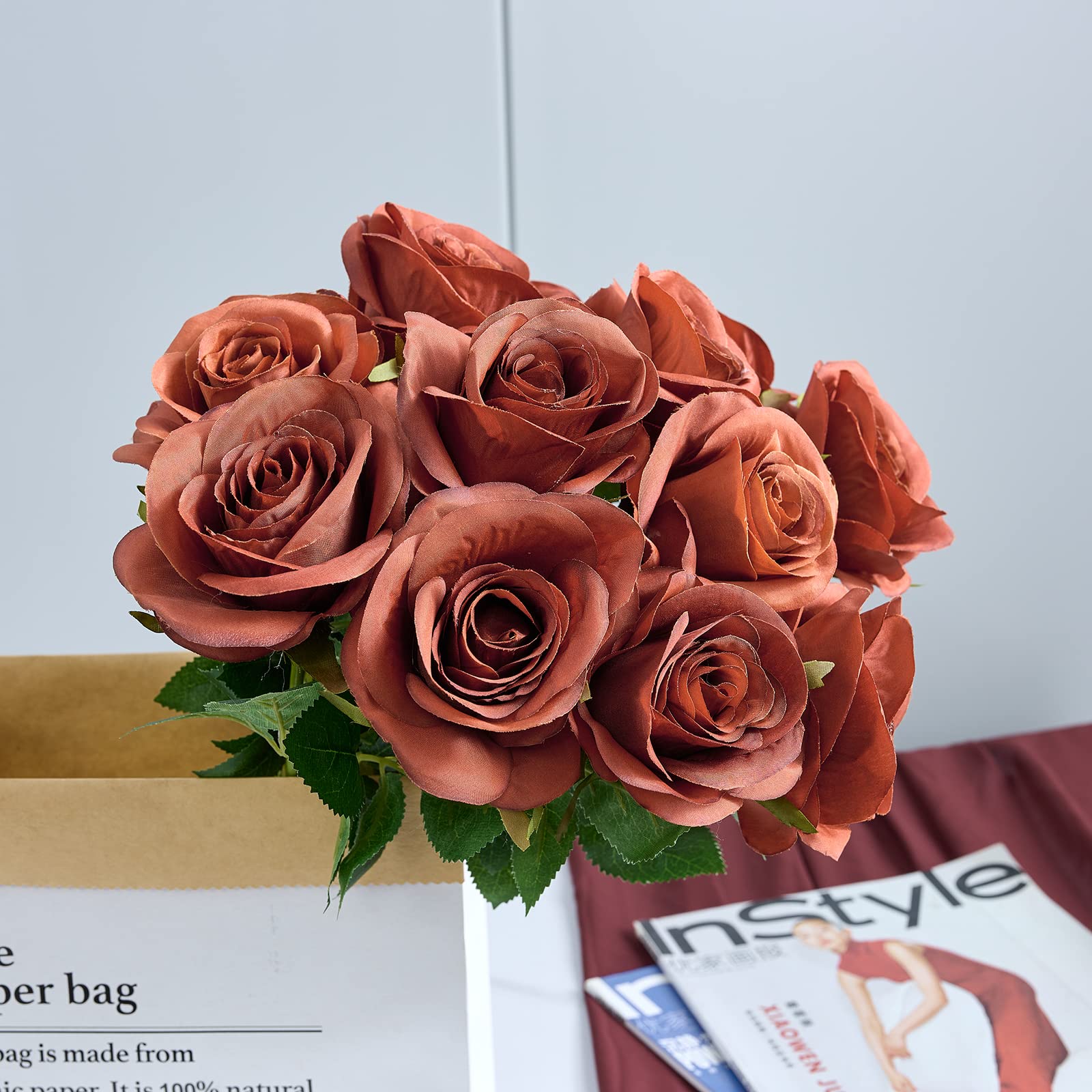 Helera 12Pcs Rust Orange Rose Artificial Flowers Faux Roses Silk Roses Orange Silk Flowers With Long Stems For Wedding Baby Show