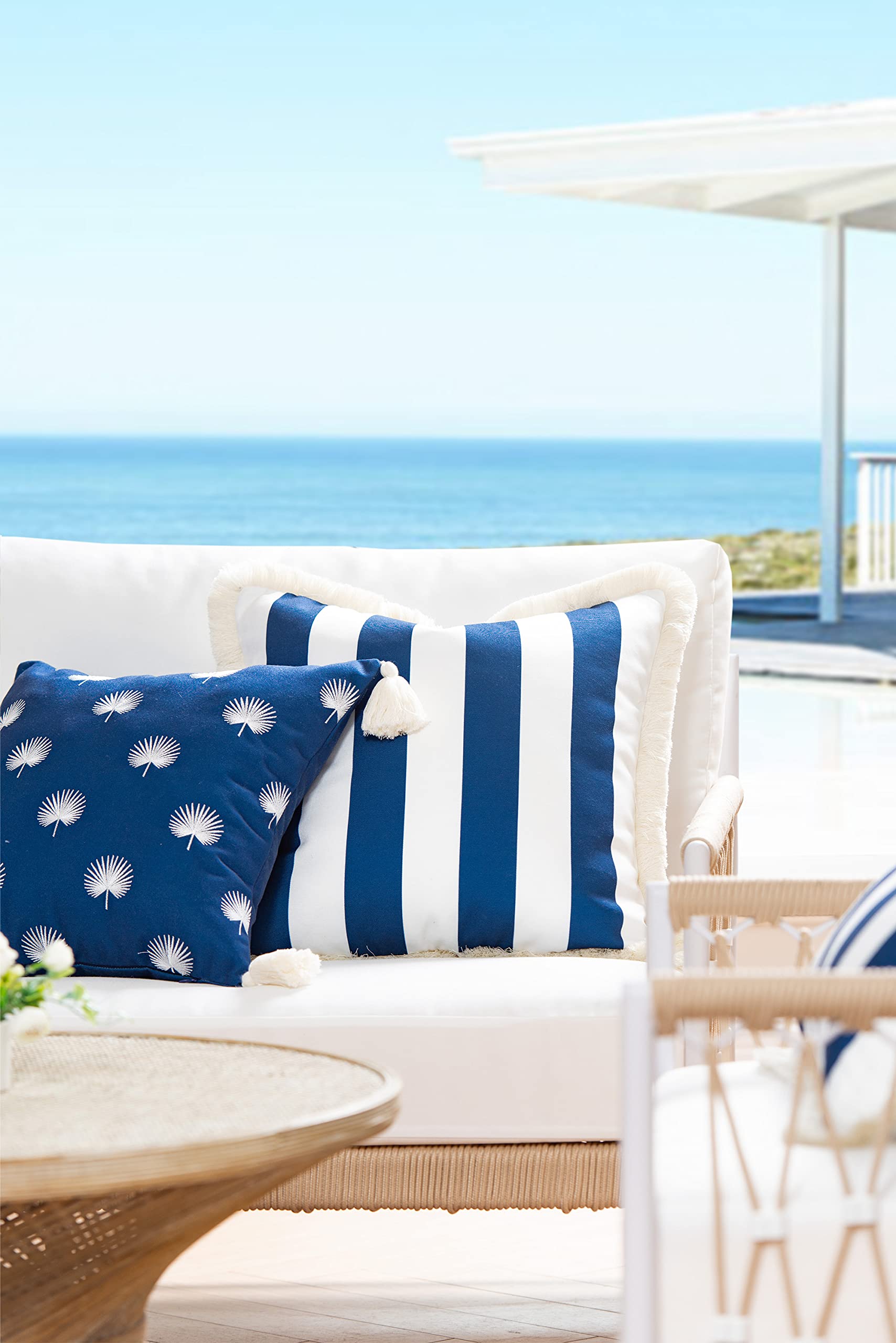 Hofdeco Premium Coastal Hampton Style Patio Indoor Outdoor Throw Pillow Cover Only, 18'X18' Water Resistant For Backyard, Couc
