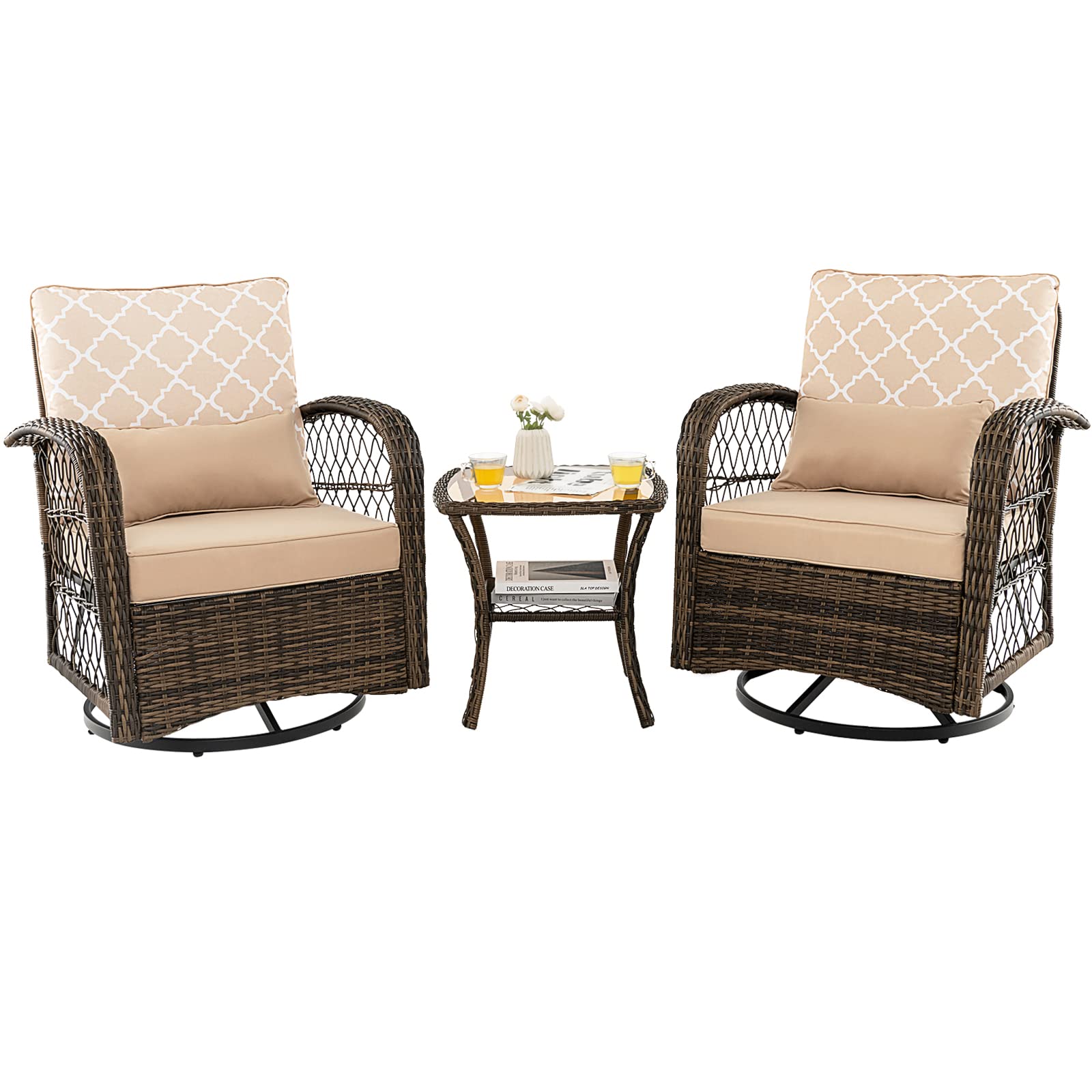 Tangkula 3-Piece Patio Swivel Rocker Set, Wicker Swivel Rocking Chairs W/Tempered Glass Coffee Table, 360° Swiveling & Smooth Rocking, Outdoor Rattan Rocking Set For Backyard, Balcony (Mix Brown)