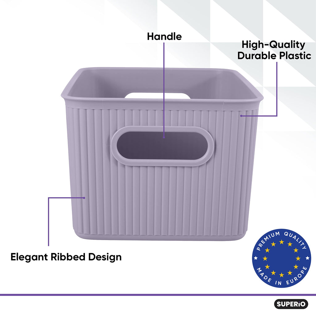 Superio Ribbed Collection - Decorative Plastic Lidded Home Storage Bins Organizer Baskets, Medium Lilac Purple (1 Pack - 5 Liter