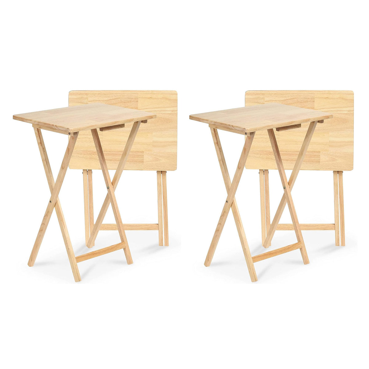 Pj Wood Rectangular Folding Portable Tv Snack Serving Tray Table, Solid Wood Construction With Natural Finish (4-Piece Set)