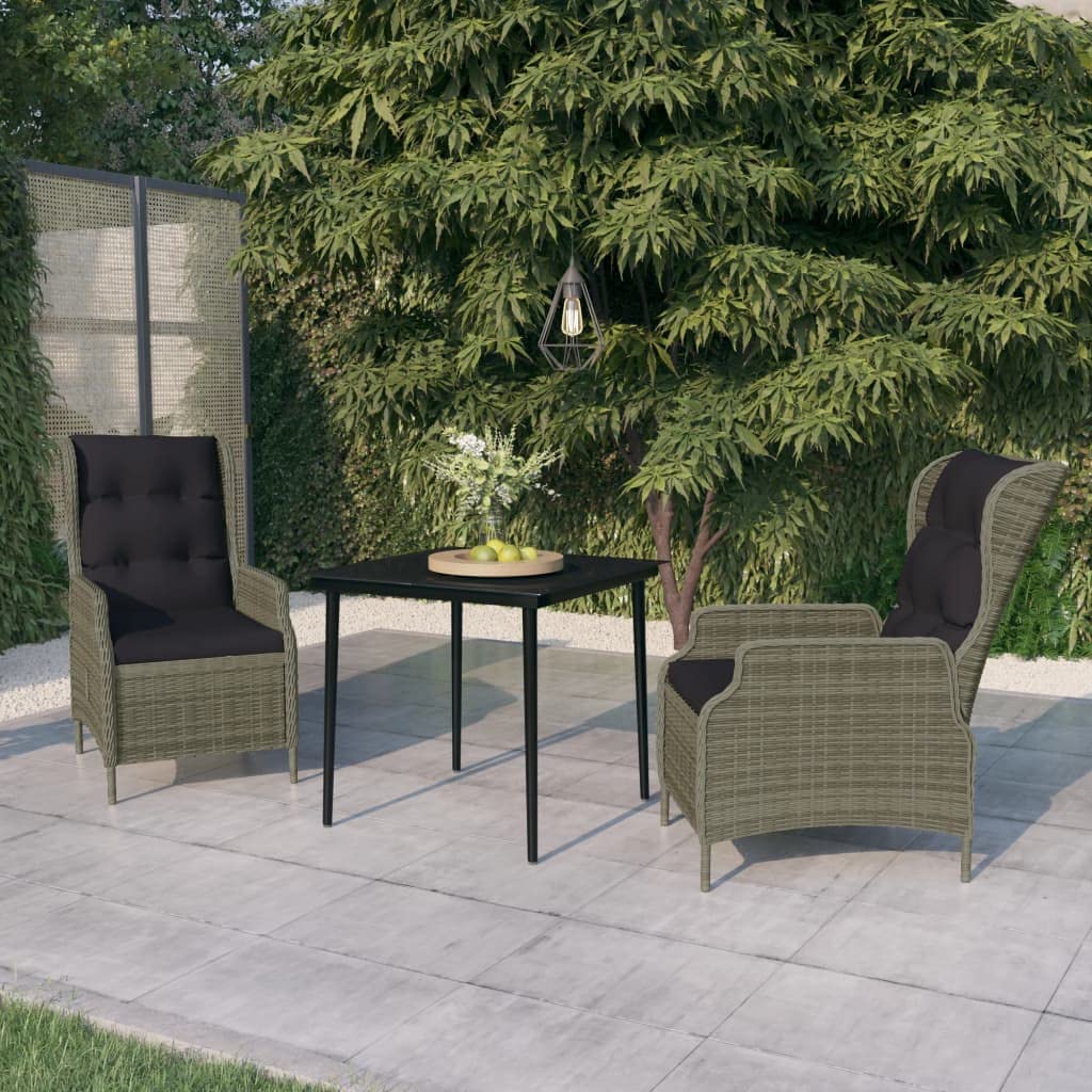 vidaXL 3-Piece Patio Dining Set - Outdoor Garden Furniture with Adjustable Reclining Chairs, Weather-Resistant PE Rattan, Removable Cushions, Glass Tabletop, Easy Maintenance - Brown/Black