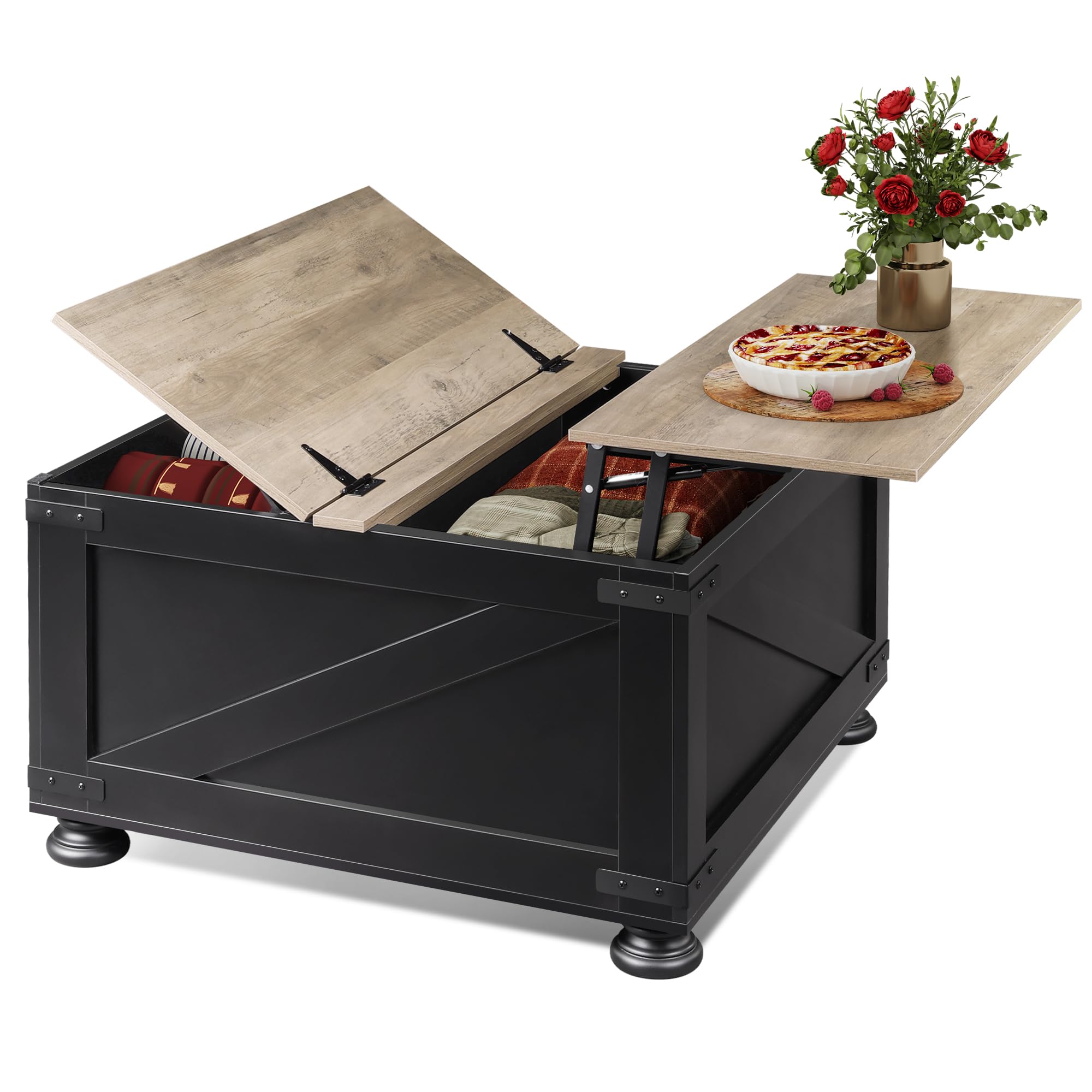 Wlive Farmhouse Lift Top Coffee Table With Storage, 31.5' Square Center Table, Flip-Top Hidden Compartment, Wood-Grain Coffee Table For Living Room, Bedroom, Black