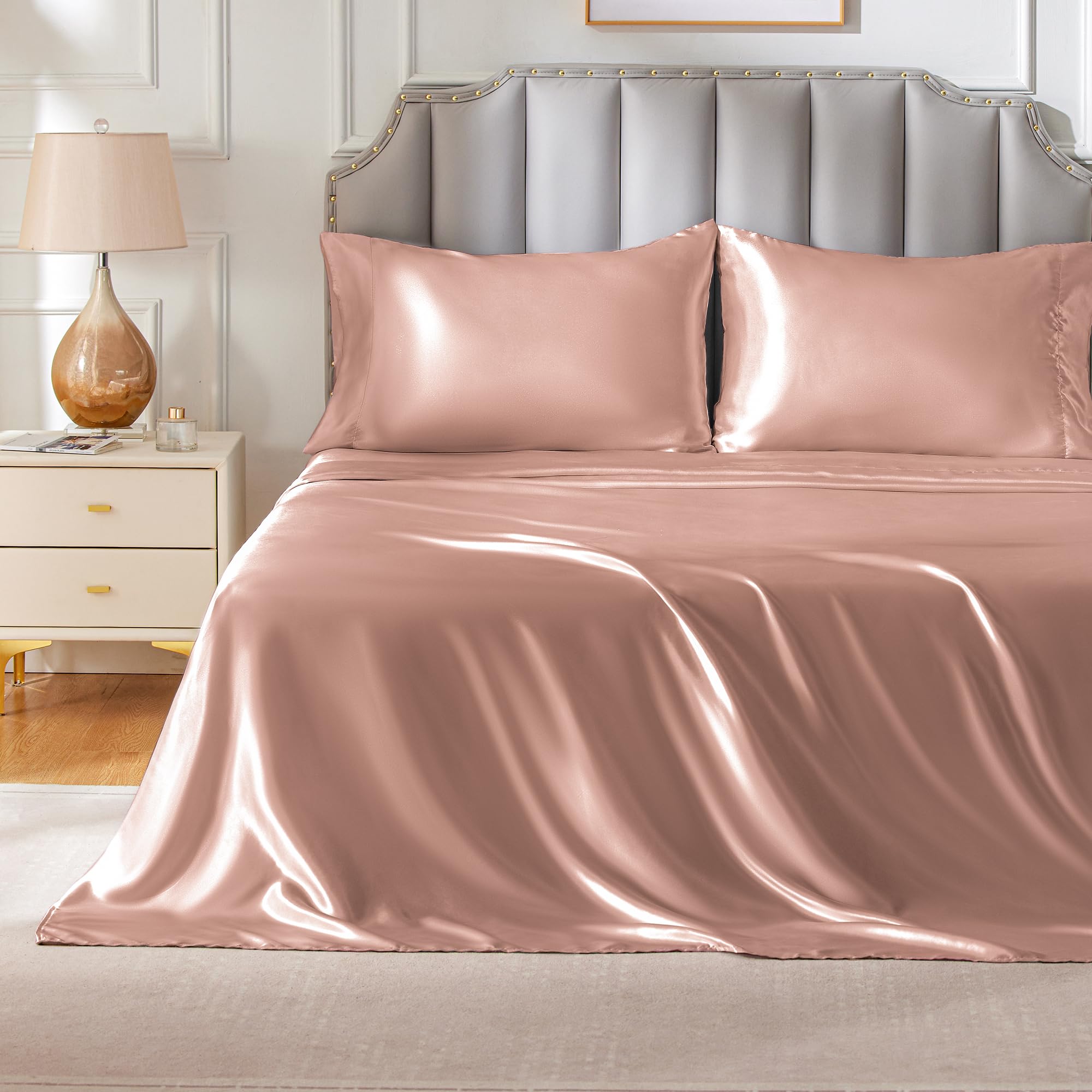 Freshculture Satin Sheets Full Size, Silky Soft Satin Bed Sheets, 4 Psc Blush Satin Sheets With Deep Pocket, Similar To Silk She