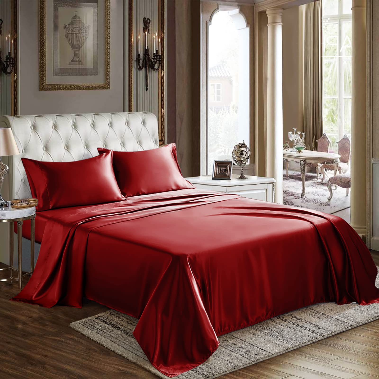 Cozylux Satin Sheets, Full Size Bed Sheets, Silky 4-Pcs Bedding Set, Red Satin Sheets With 16 Inches Deep Pocket Fitted Sheet, F