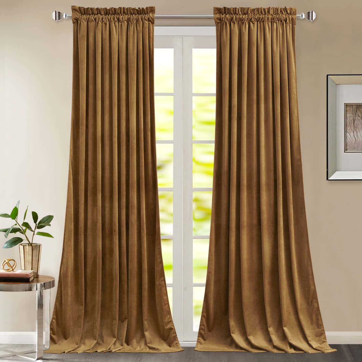 Stangh 120 Inches Curtains Gold Brown Blackout Velvet Drapes For Bedroom, Retro Thermal Insulated Light Blocking Window Curtains